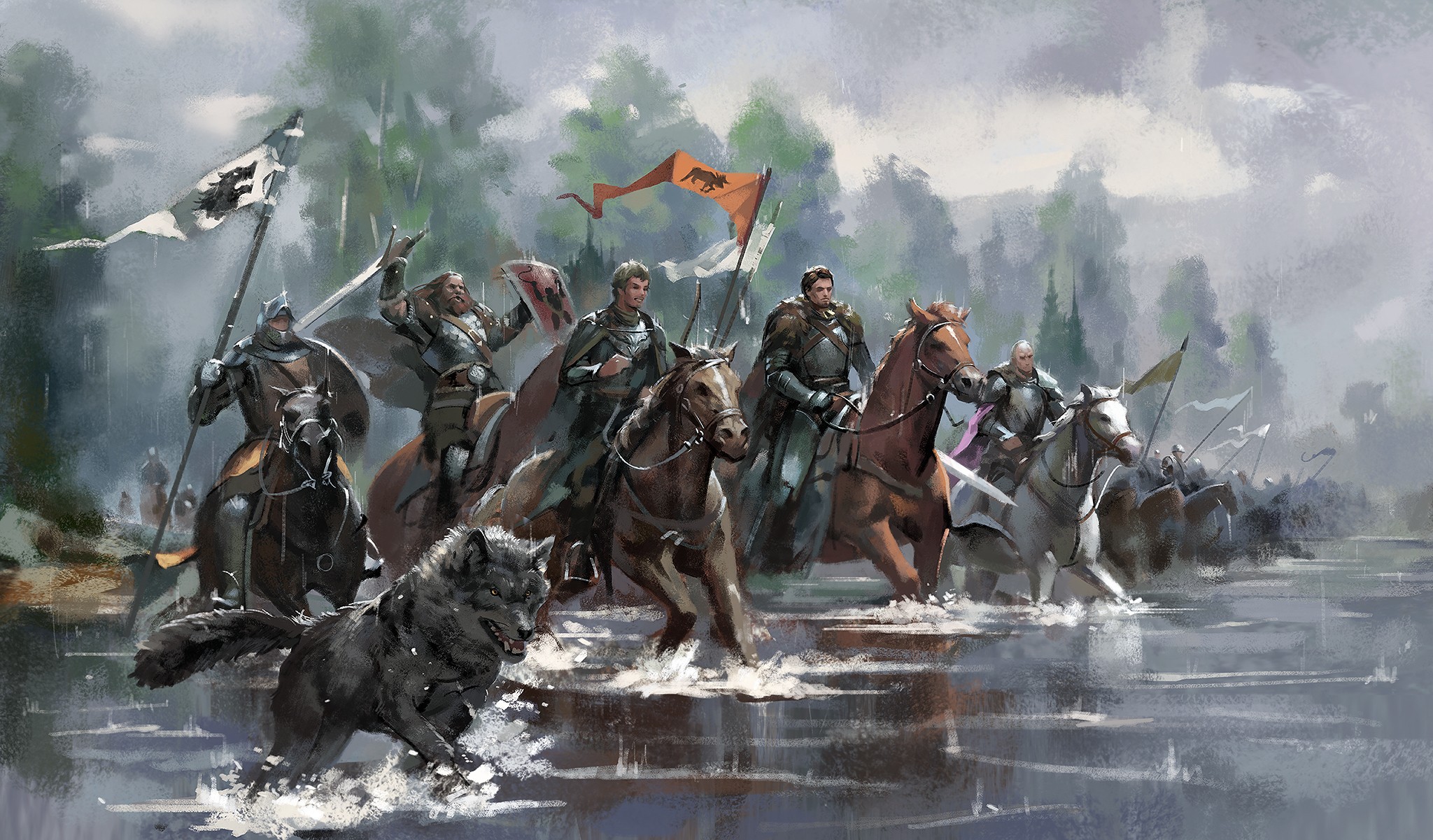 Game of Thrones Knights and Wolf Crossing a River HD Wallpaper
