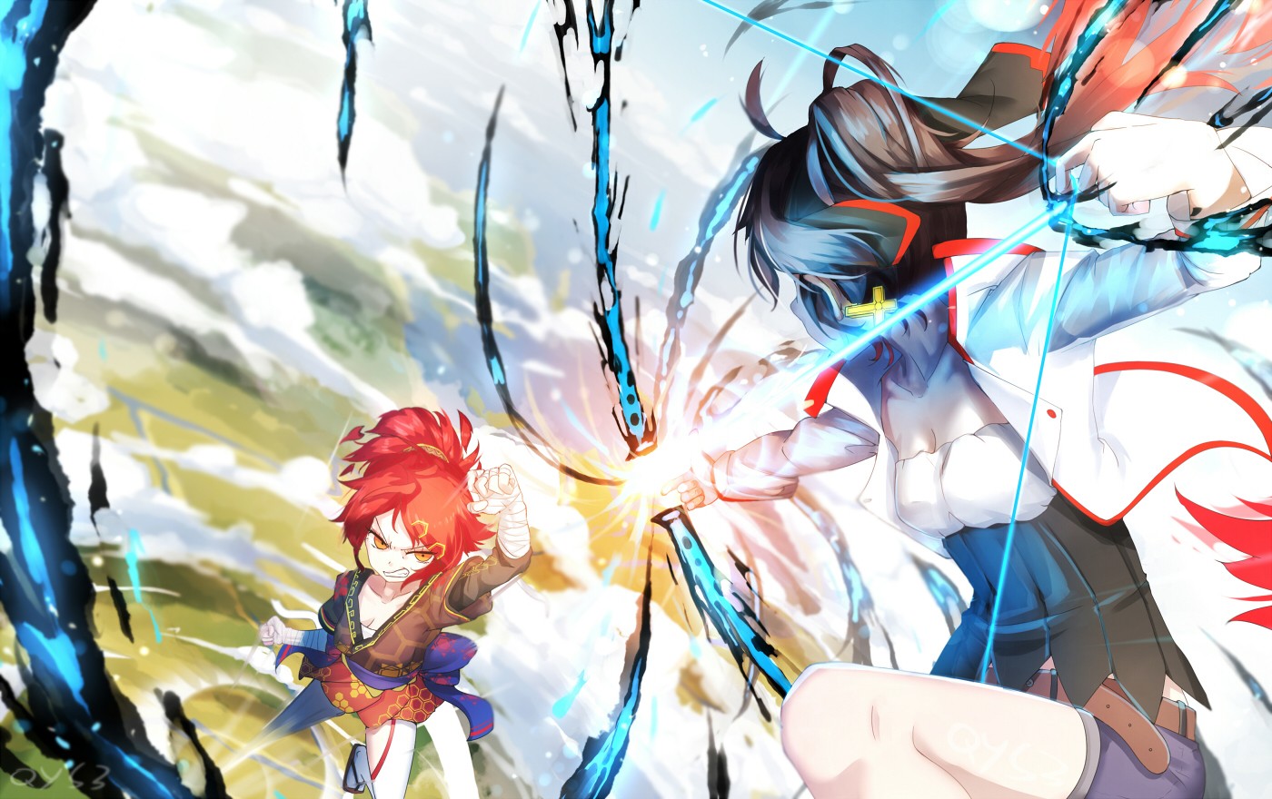 Two anime girls fighting with magical energy HD Wallpaper