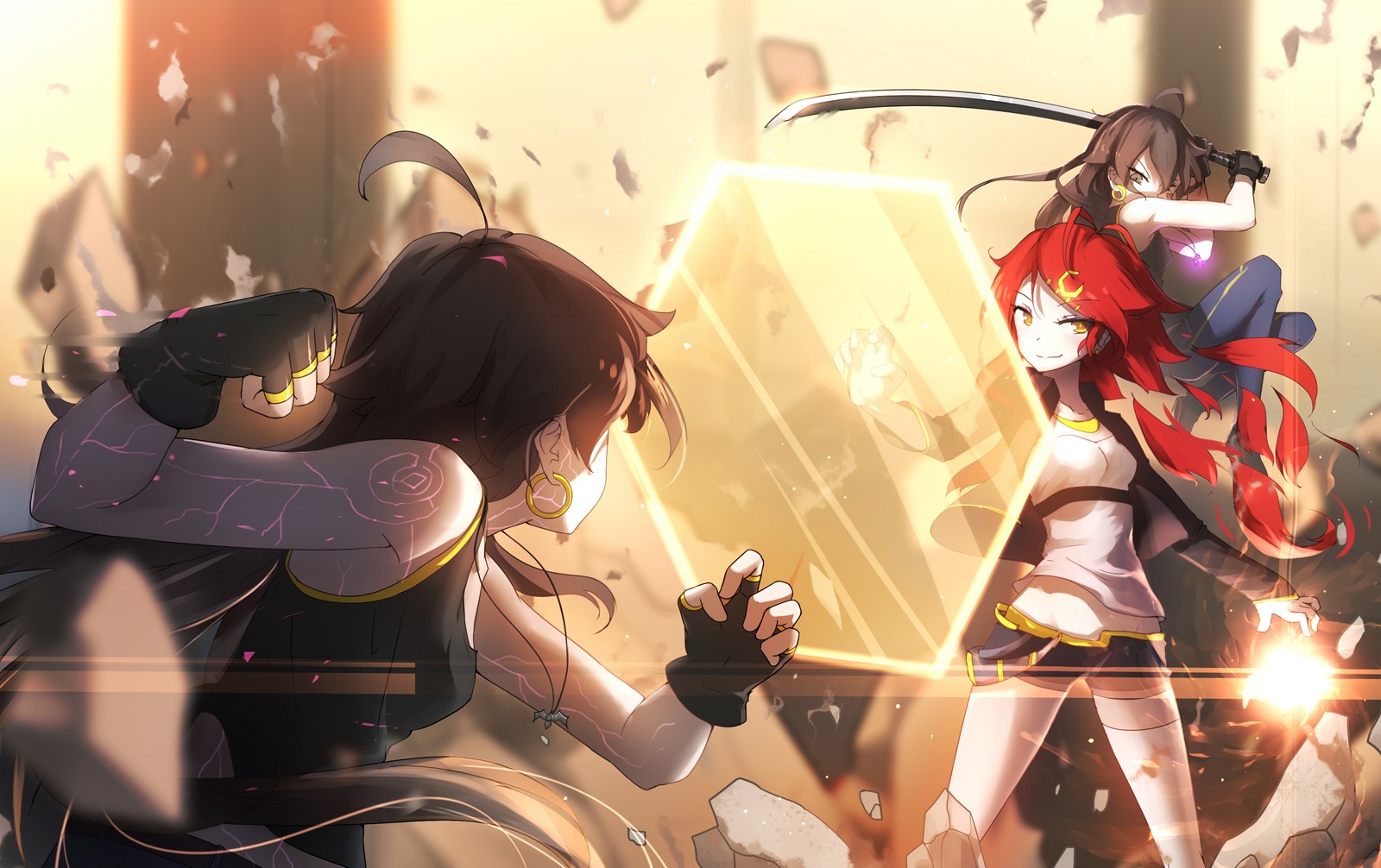 Anime girls fighting with a golden shield HD Wallpaper