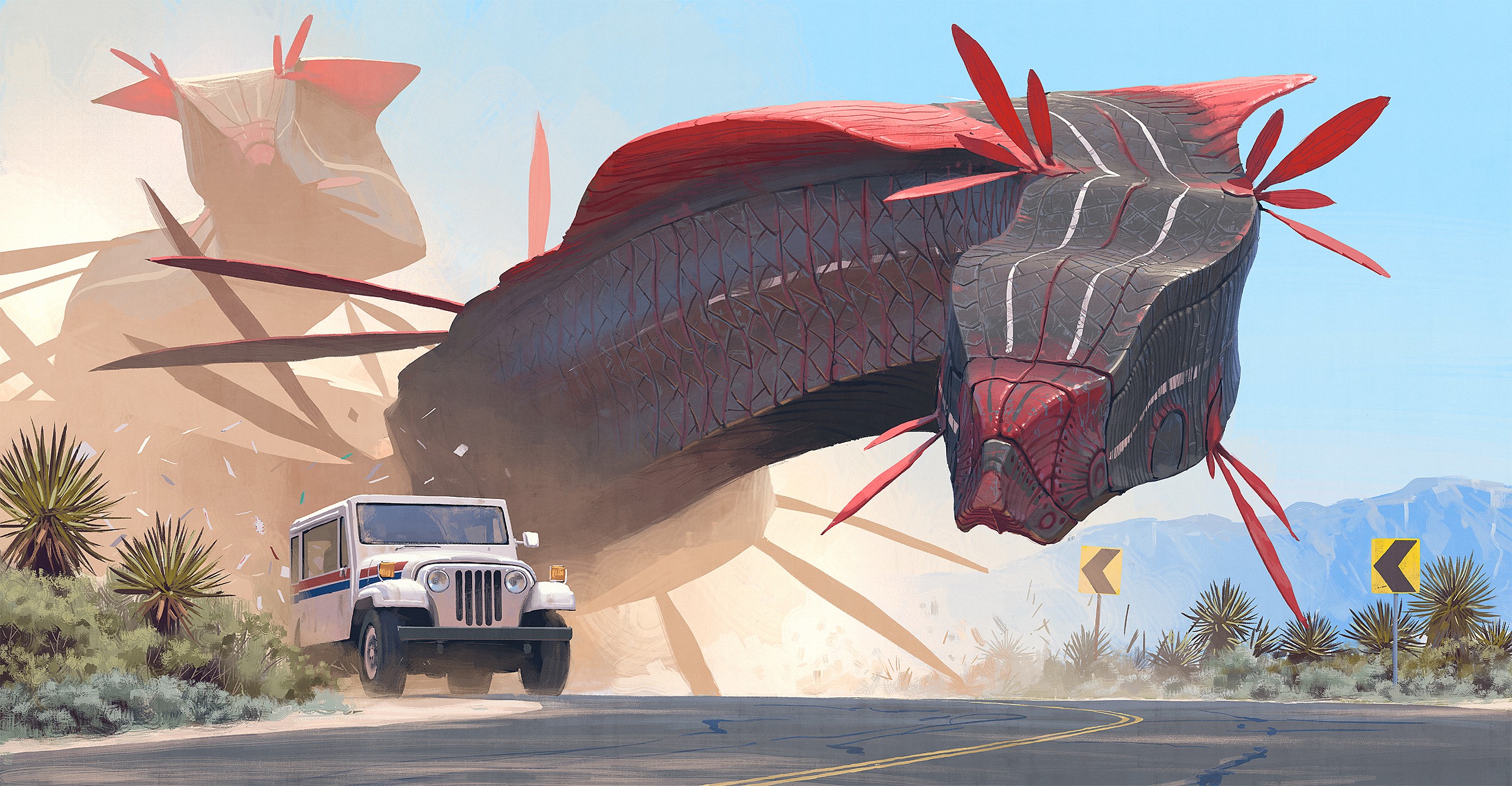 Simon Stålenhag artwork of giant serpent creatures attacking a jeep HD Wallpaper