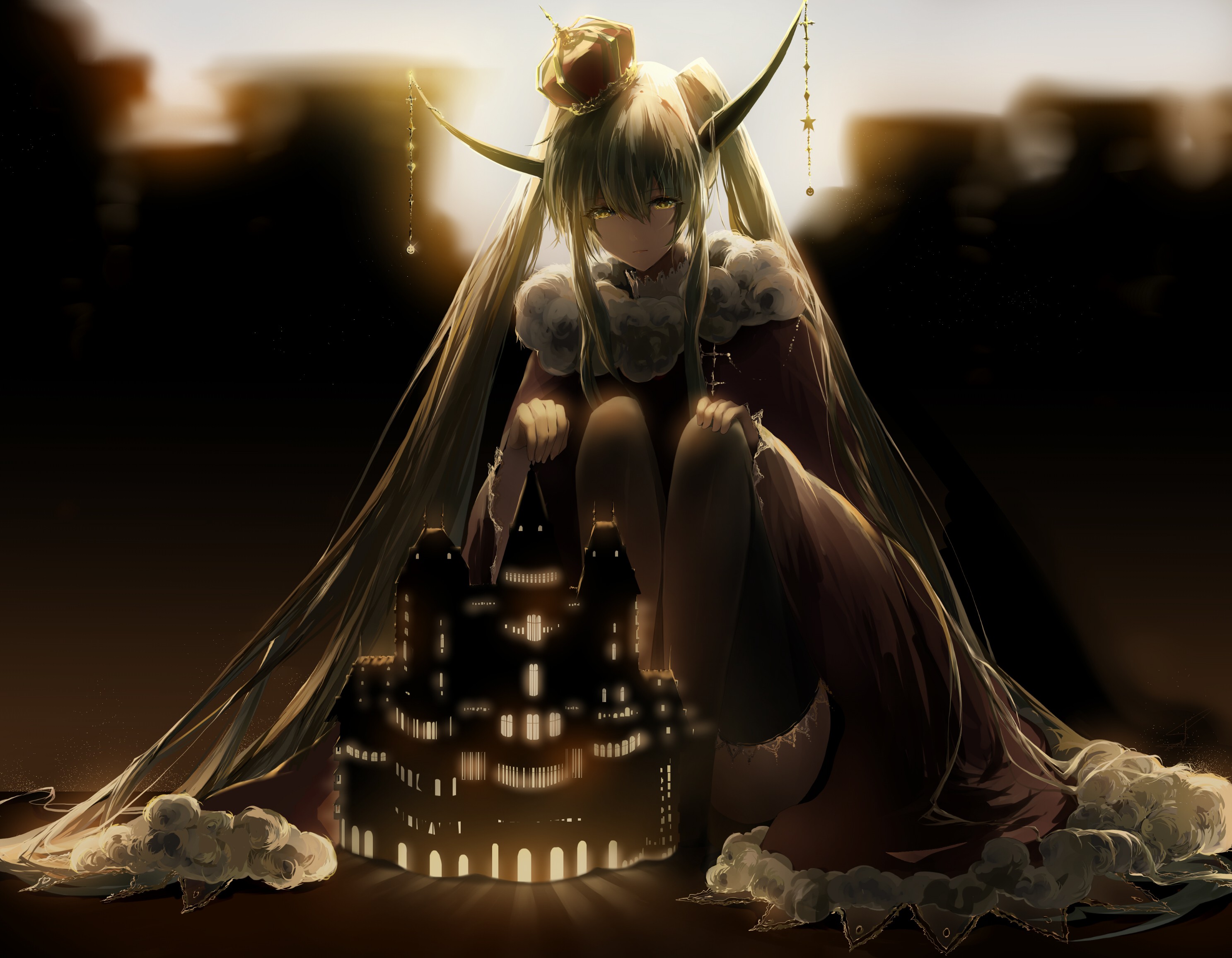 crown, jewelry, long hair, anime, castle, thigh-highs, sitting, dress, horns, anime girls, twintails, Hatsune Miku, Vocaloid HD Wallpaper