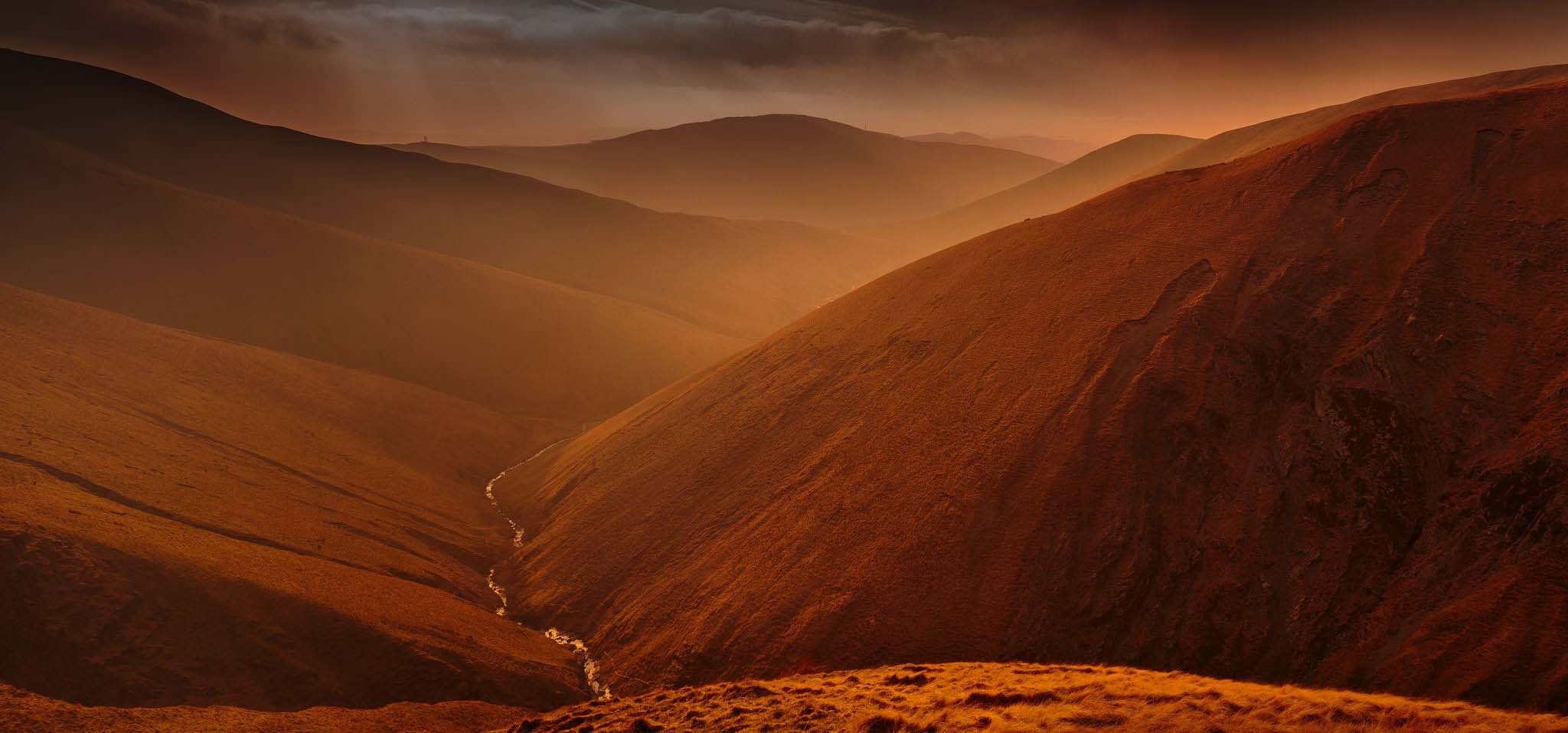 amber, clouds, mountains, sunlight, hills, ravine, valley, landscape, river, nature, mist HD Wallpaper