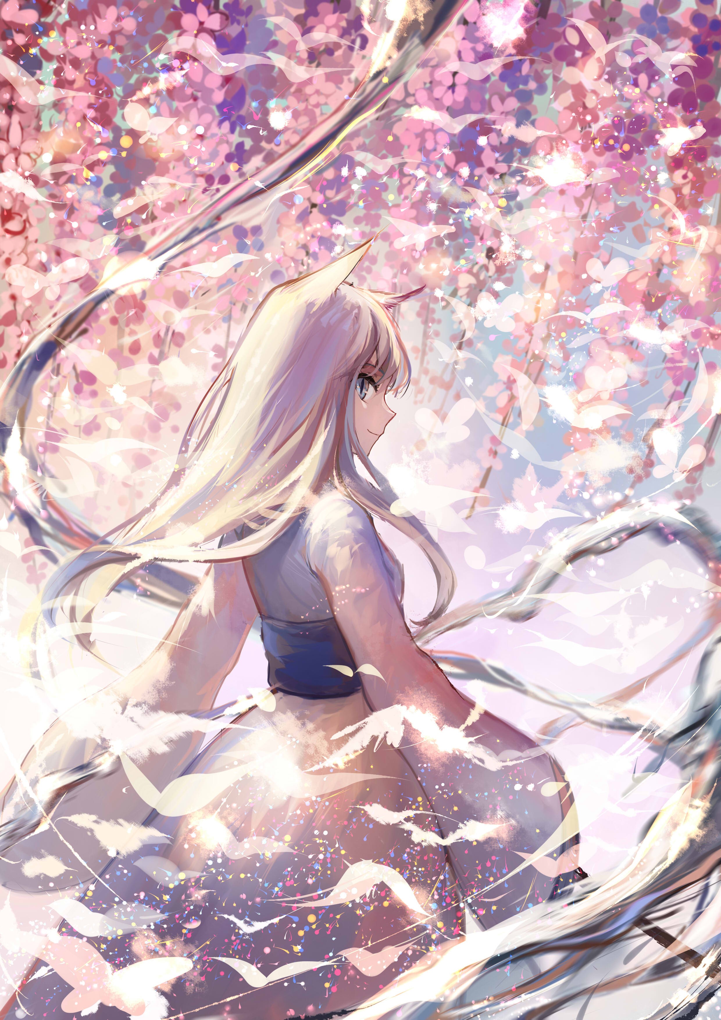 Anime girl with fox ears under cherry blossoms HD Wallpaper