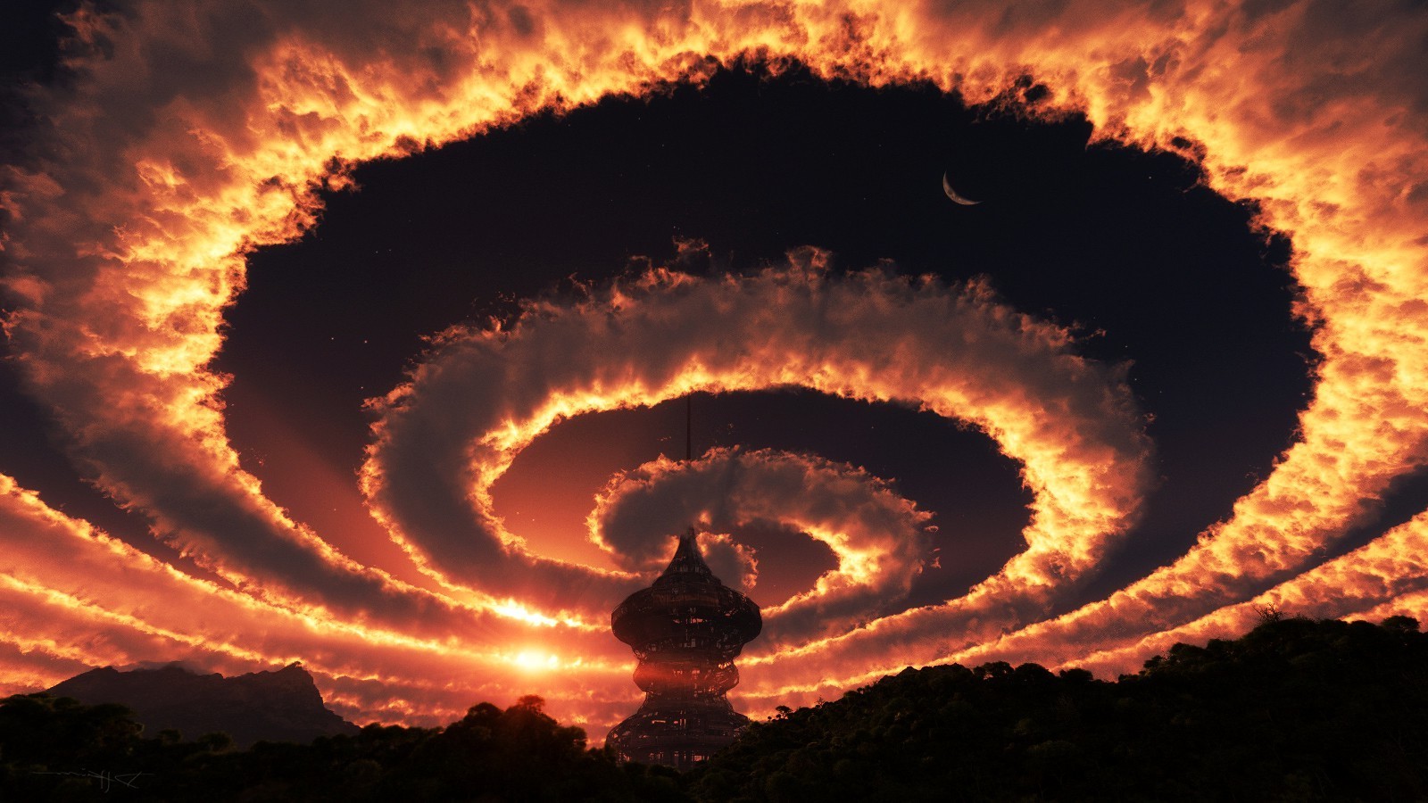 Science fiction tower amidst fiery spiral clouds and a crescent moon HD Wallpaper