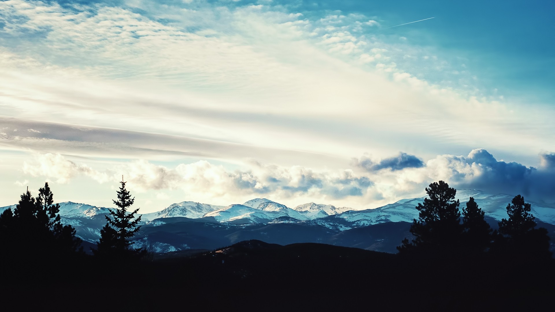 Silhouette of trees against snowy mountains and clouds HD Wallpaper