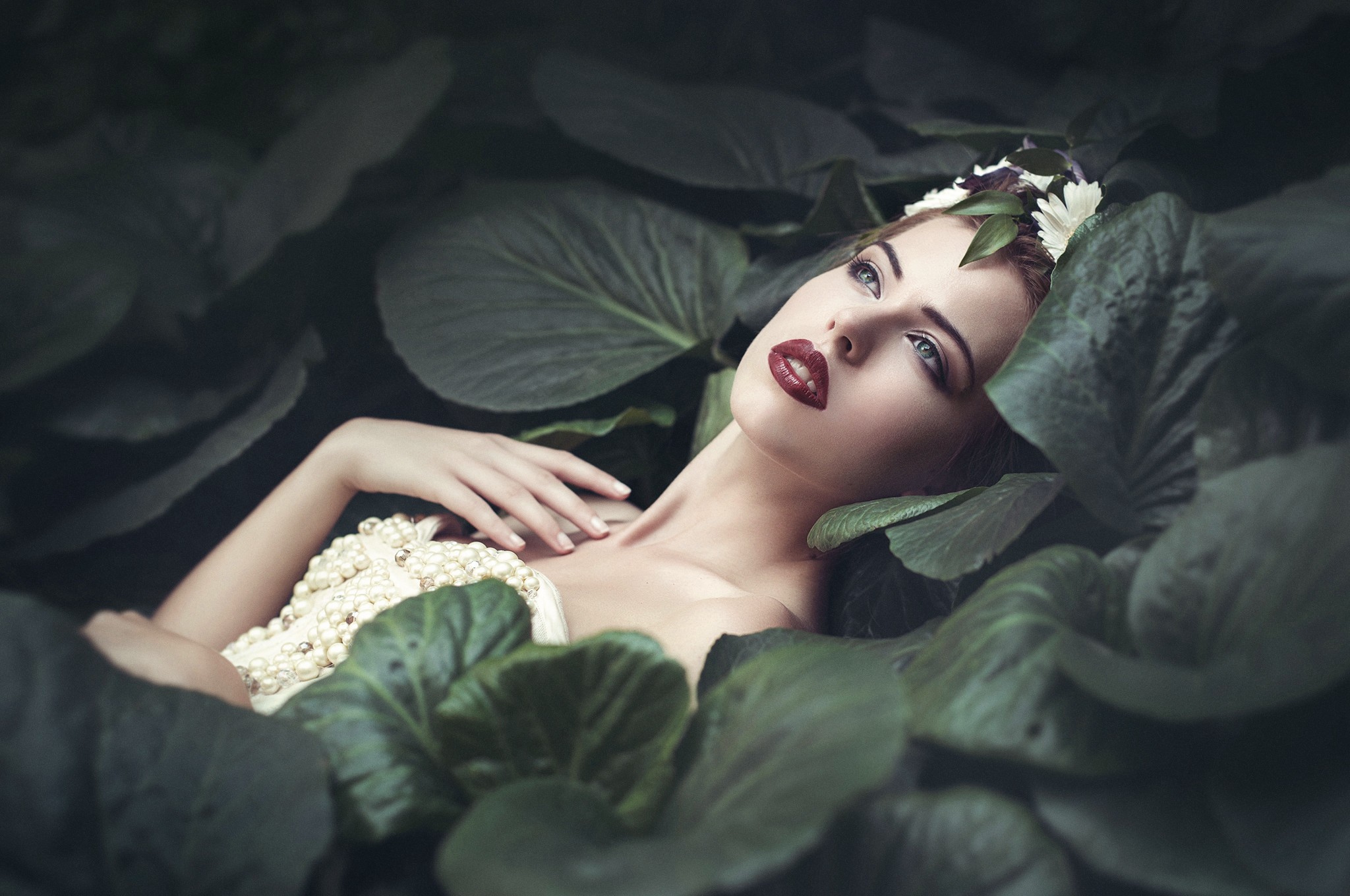 Woman with flowers and leaves HD Wallpaper