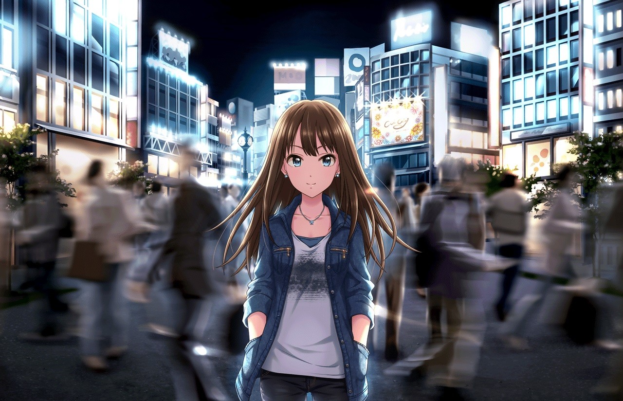 Shibuya Rin in a busy city at night HD Wallpaper