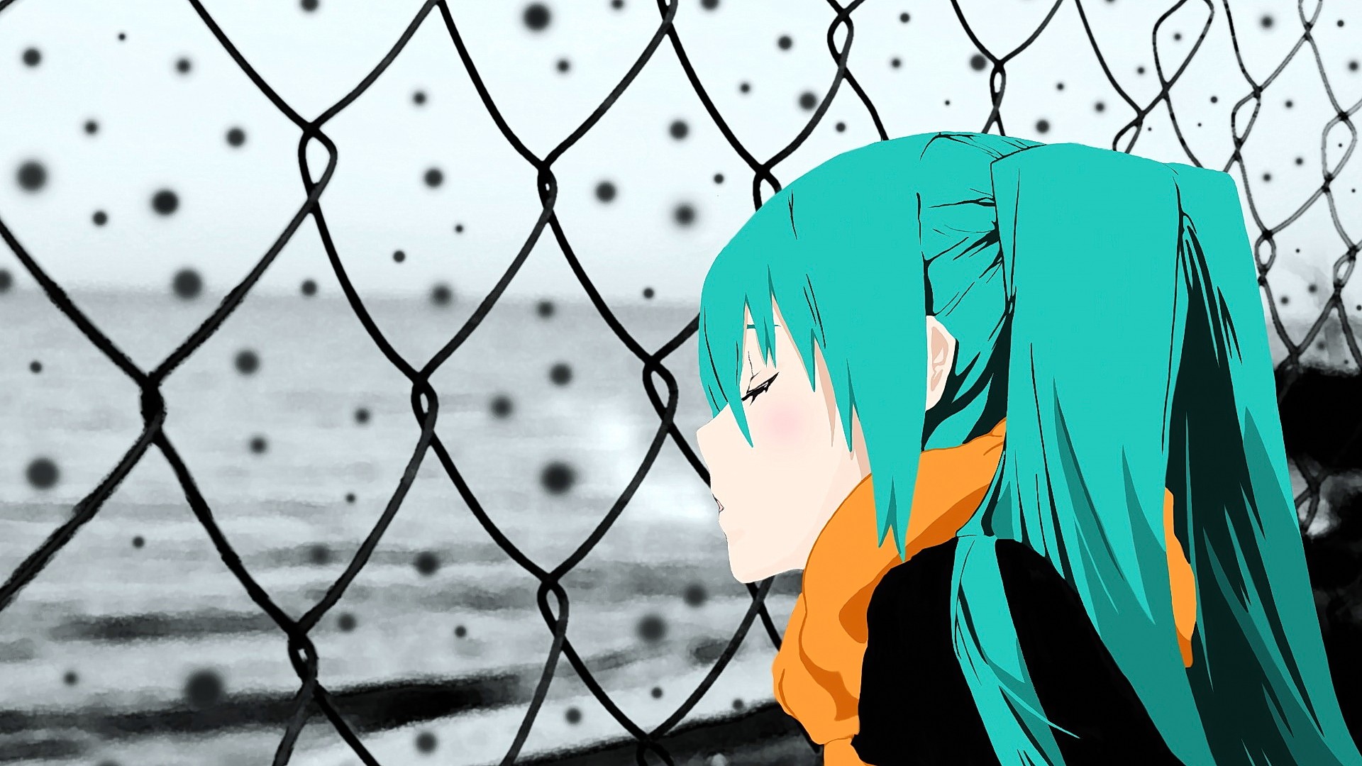 Hatsune Miku behind a chain-link fence HD Wallpaper