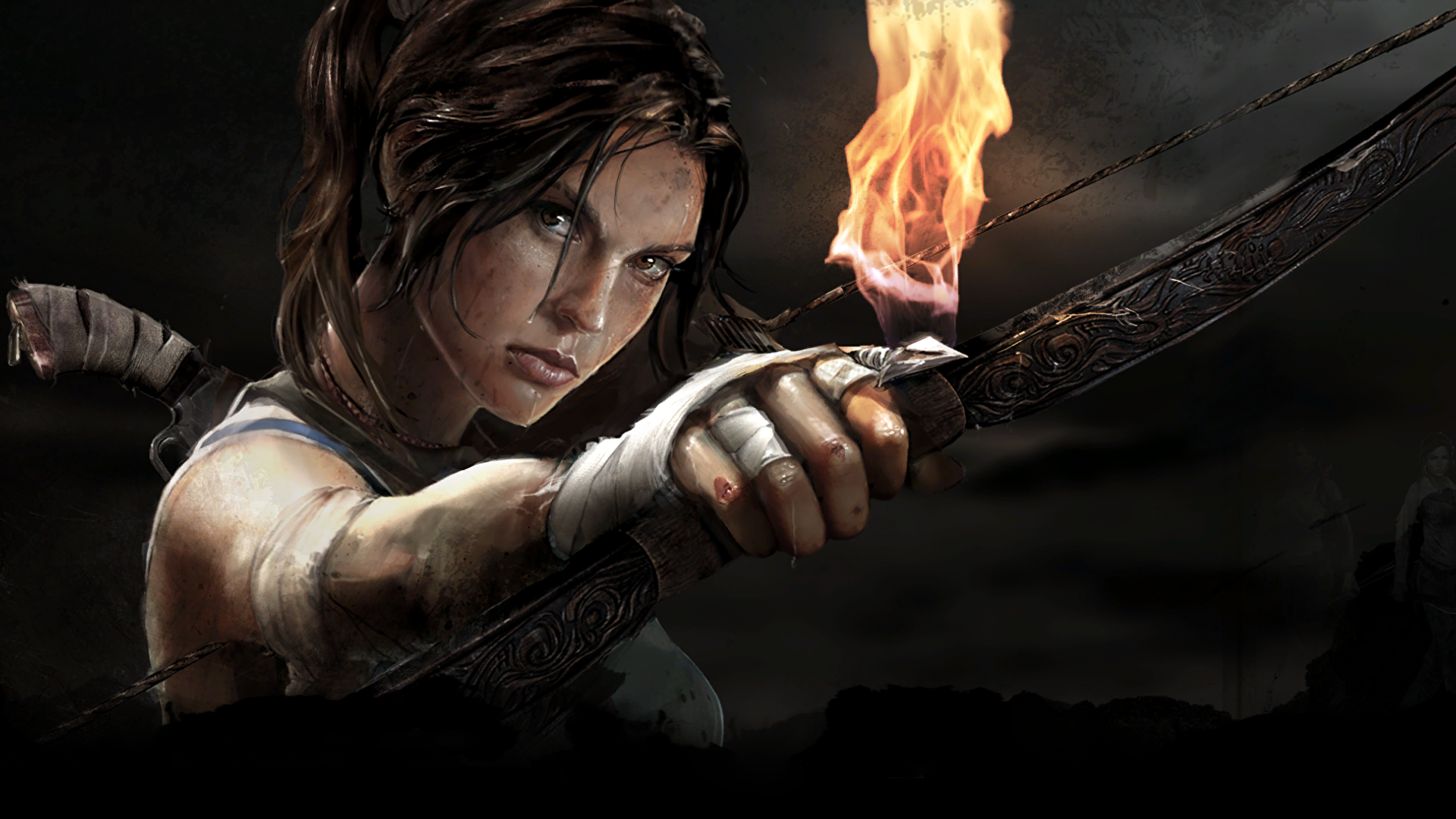 Lara Croft with bow and torch HD Wallpaper