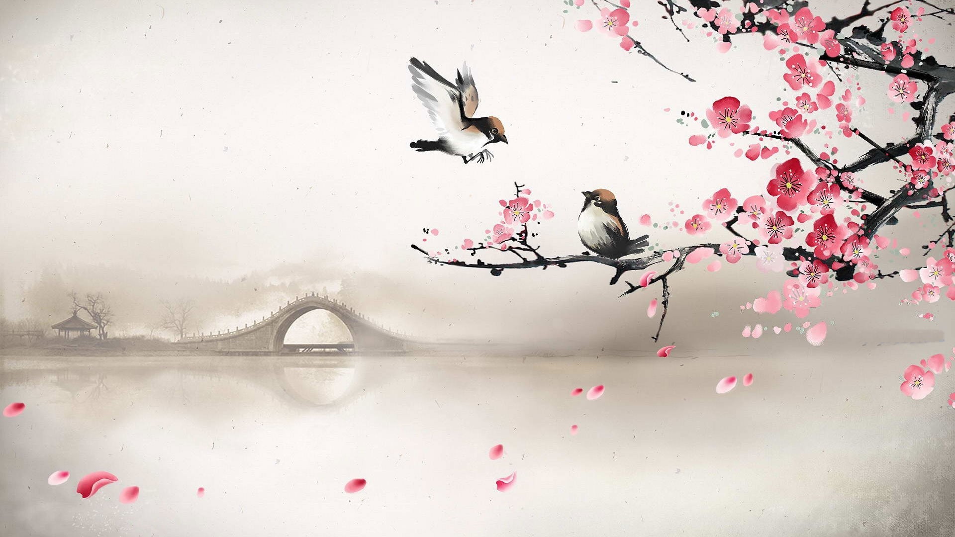 Birds on a blooming cherry blossom tree with a bridge HD Wallpaper