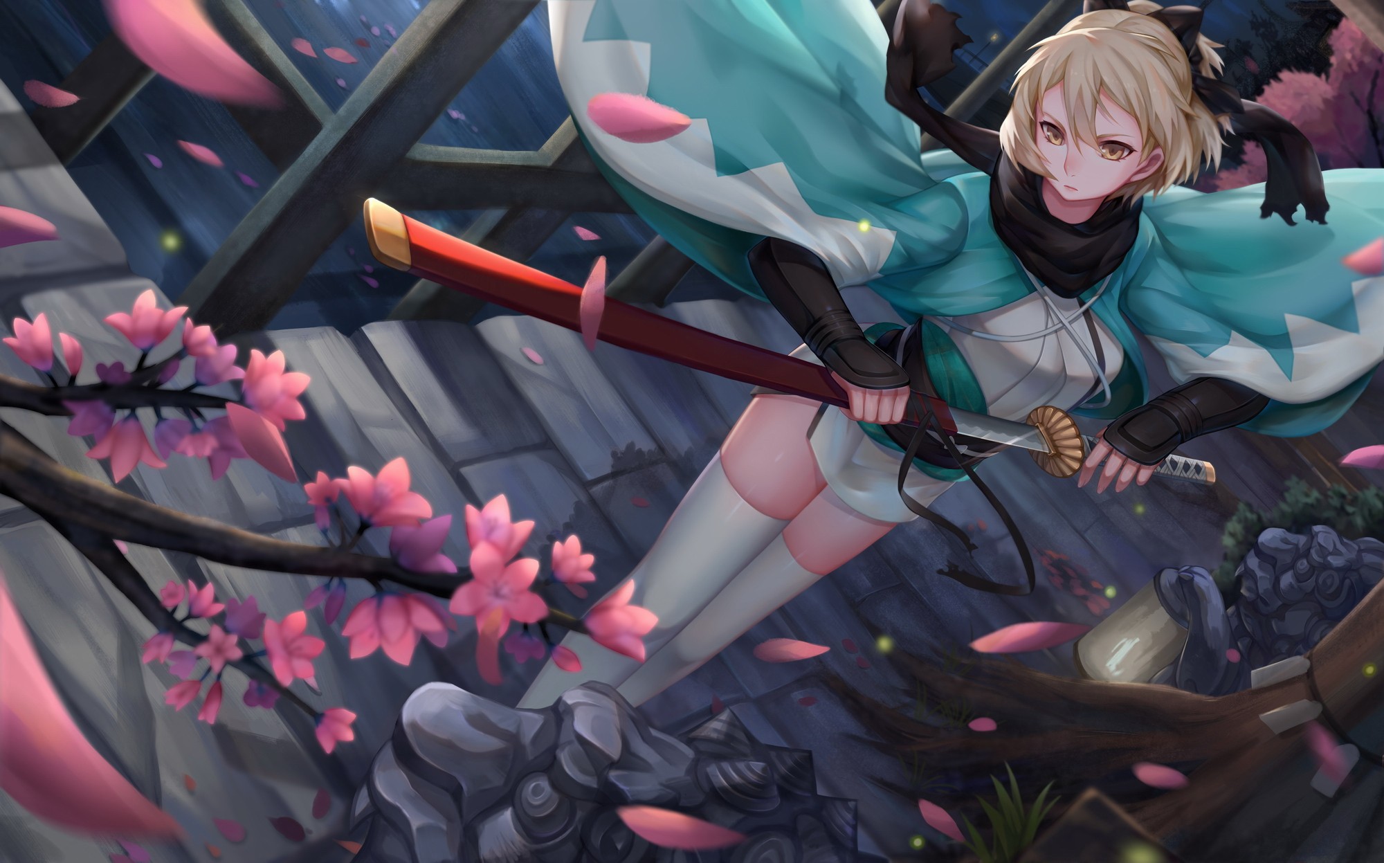 sword, katana, thigh-highs, weapon, Fate Series, anime, anime girls, Japanese clothes, blonde, Saber, FateGrand Order, Sakura Saber, petals HD Wallpaper