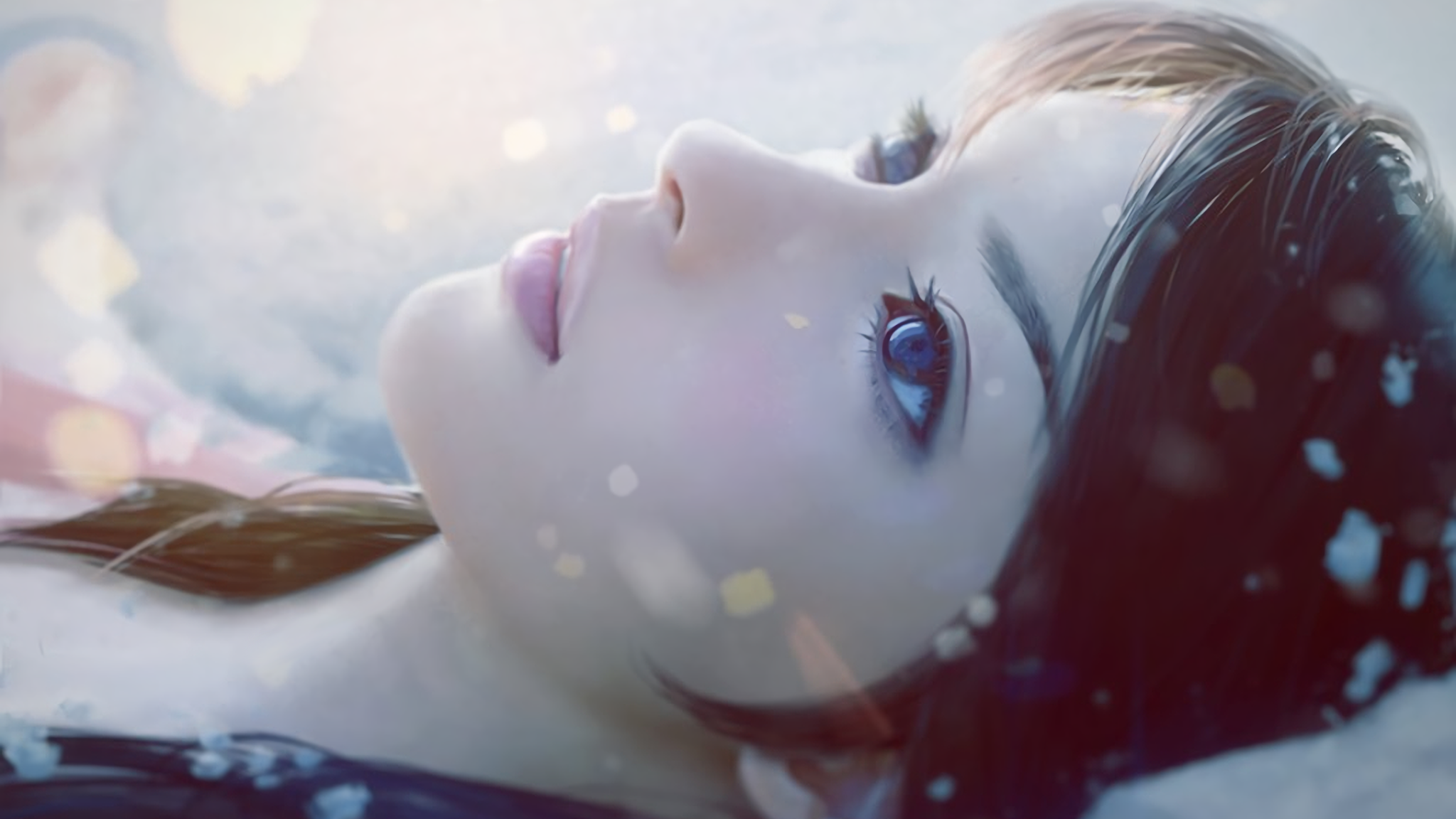 Anime girl with blue eyes in snow HD Wallpaper