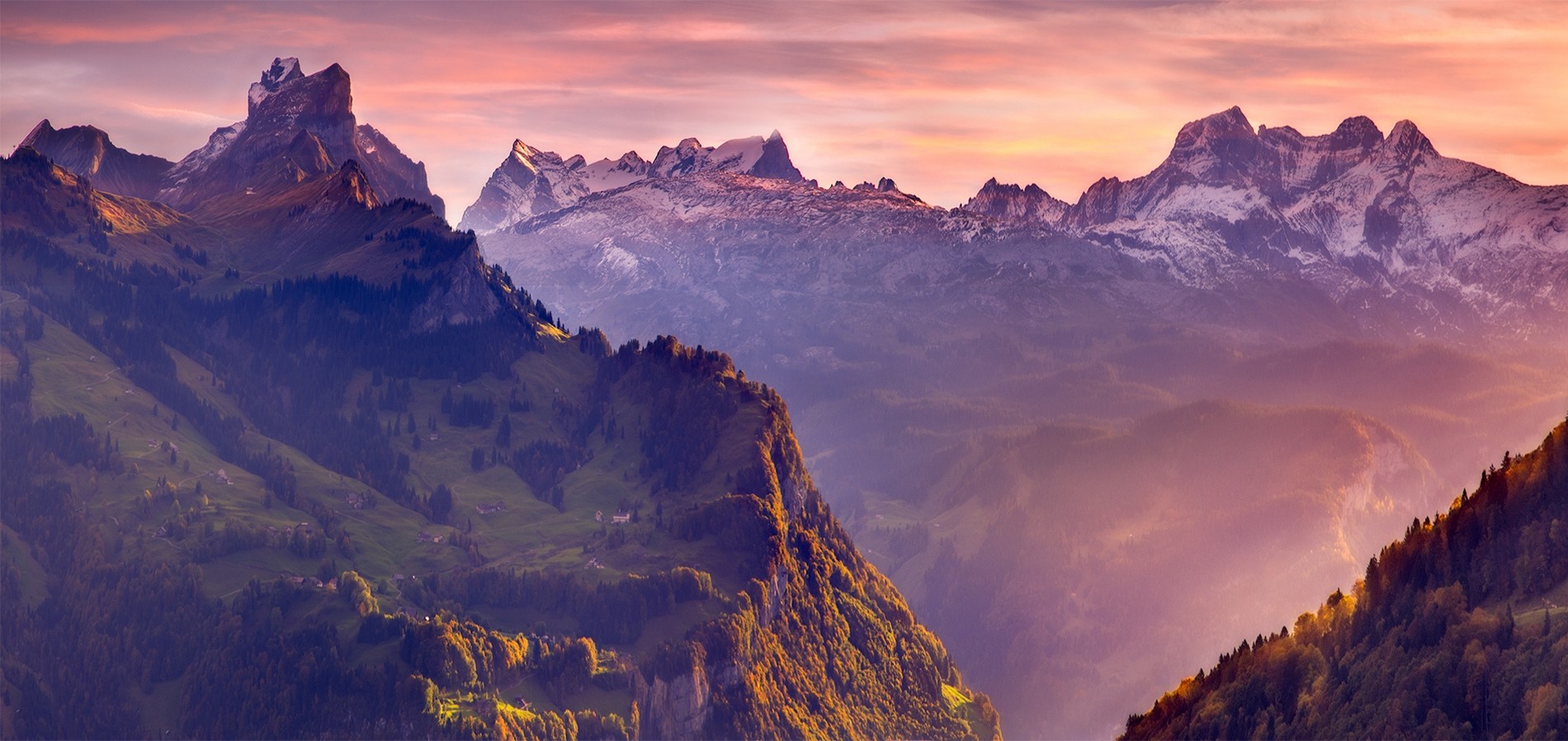 Swiss Alps mountains with mist and sunlight HD Wallpaper