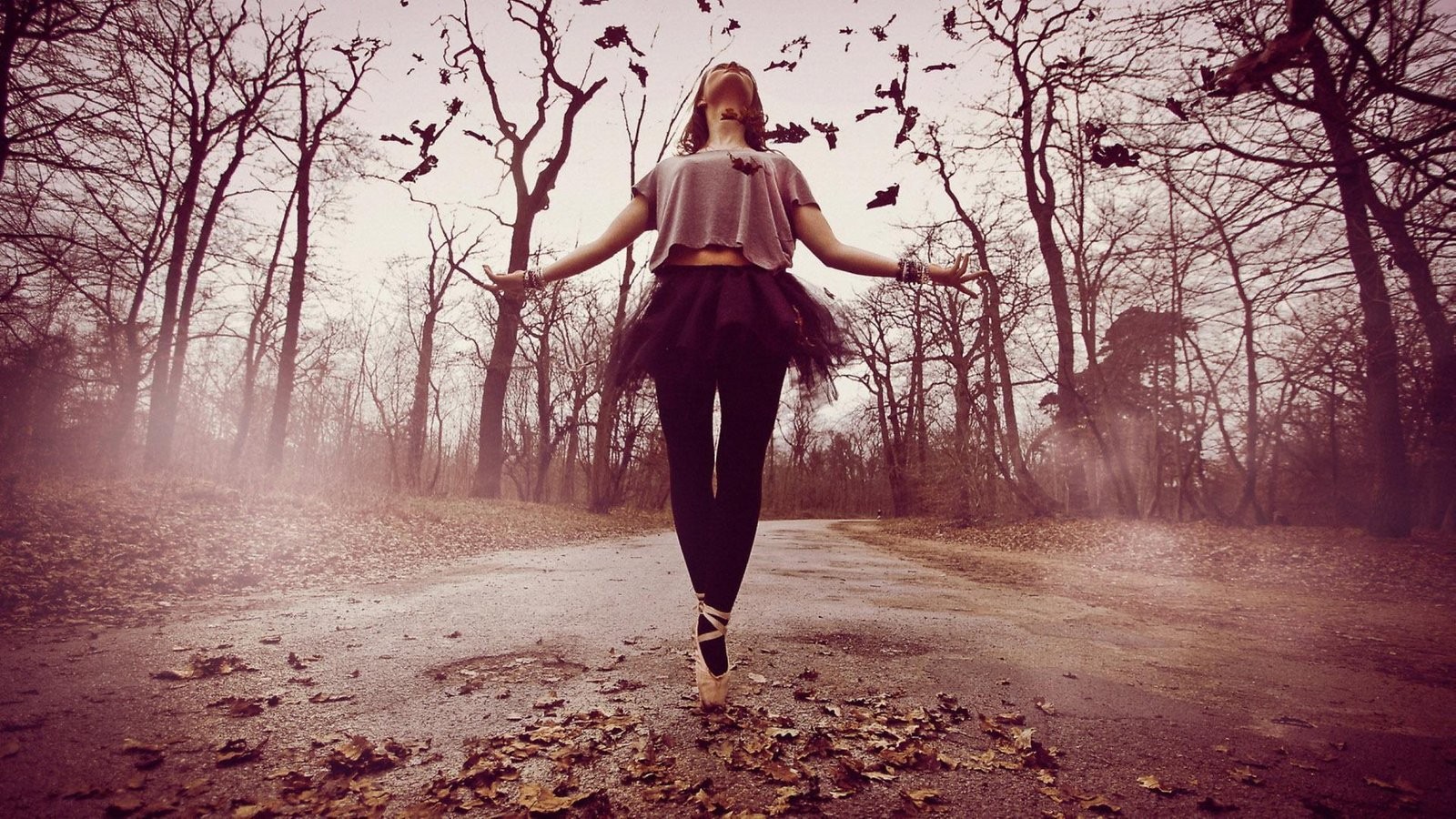 Ballerina dancing on a road in a forest HD Wallpaper