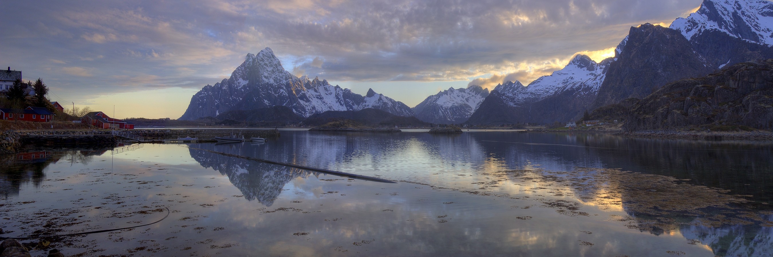 Lofoten Islands panorama with snowy mountains and fjord reflection HD Wallpaper