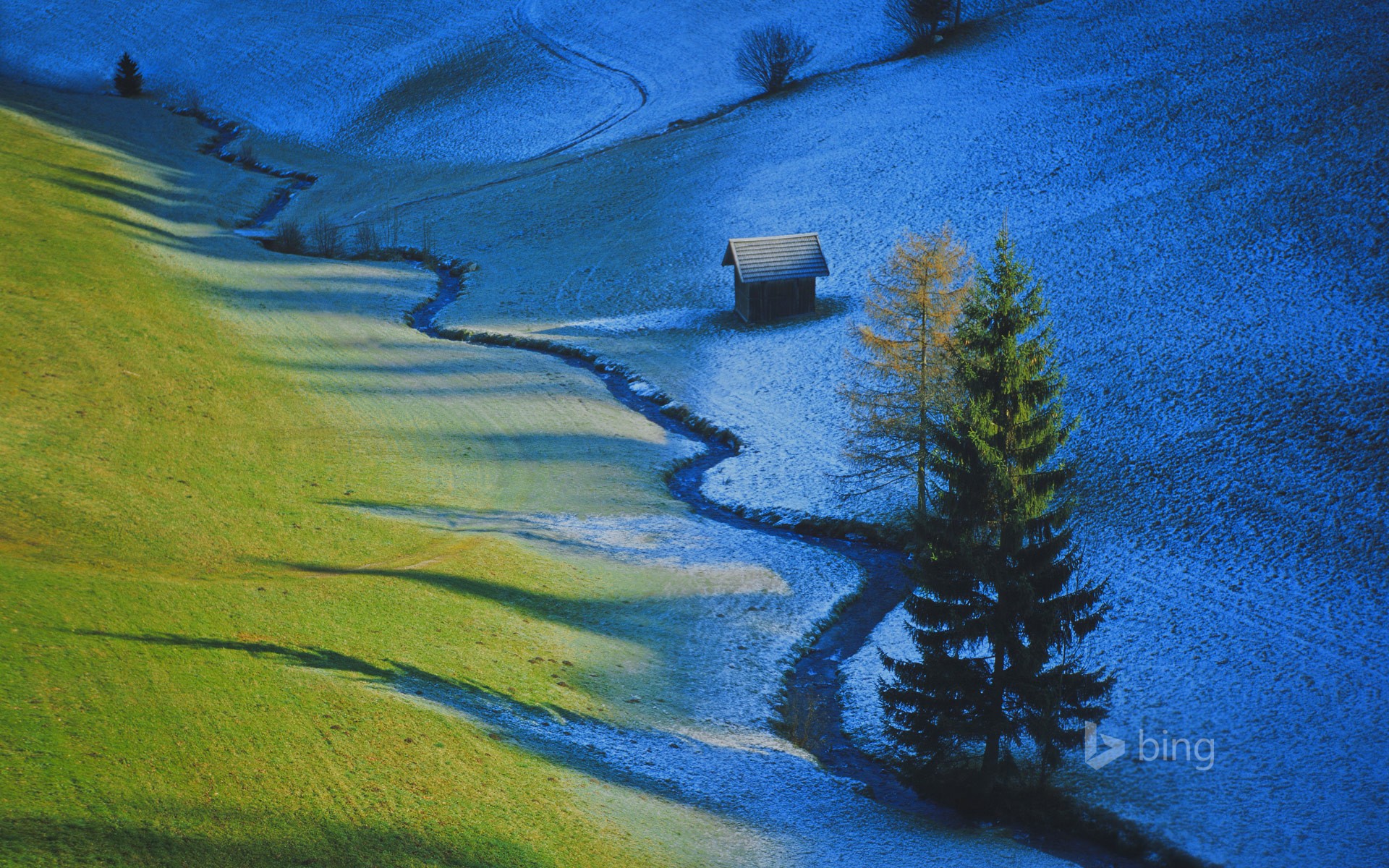 Frosty landscape with a stream and a small cabin HD Wallpaper