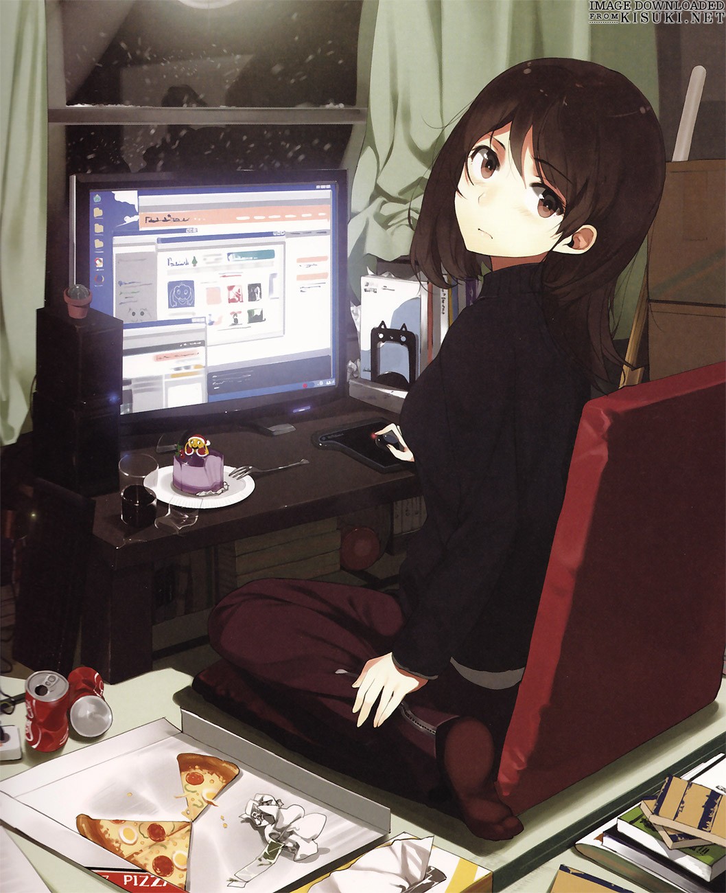 Anime girl at a desk with pizza and computer HD Wallpaper