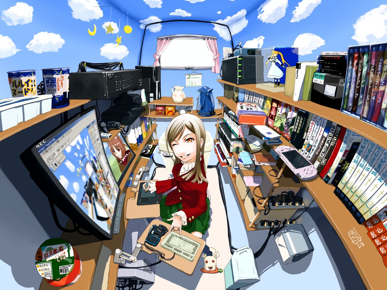 Anime girl at a computer desk with shelves of books and games HD Wallpaper