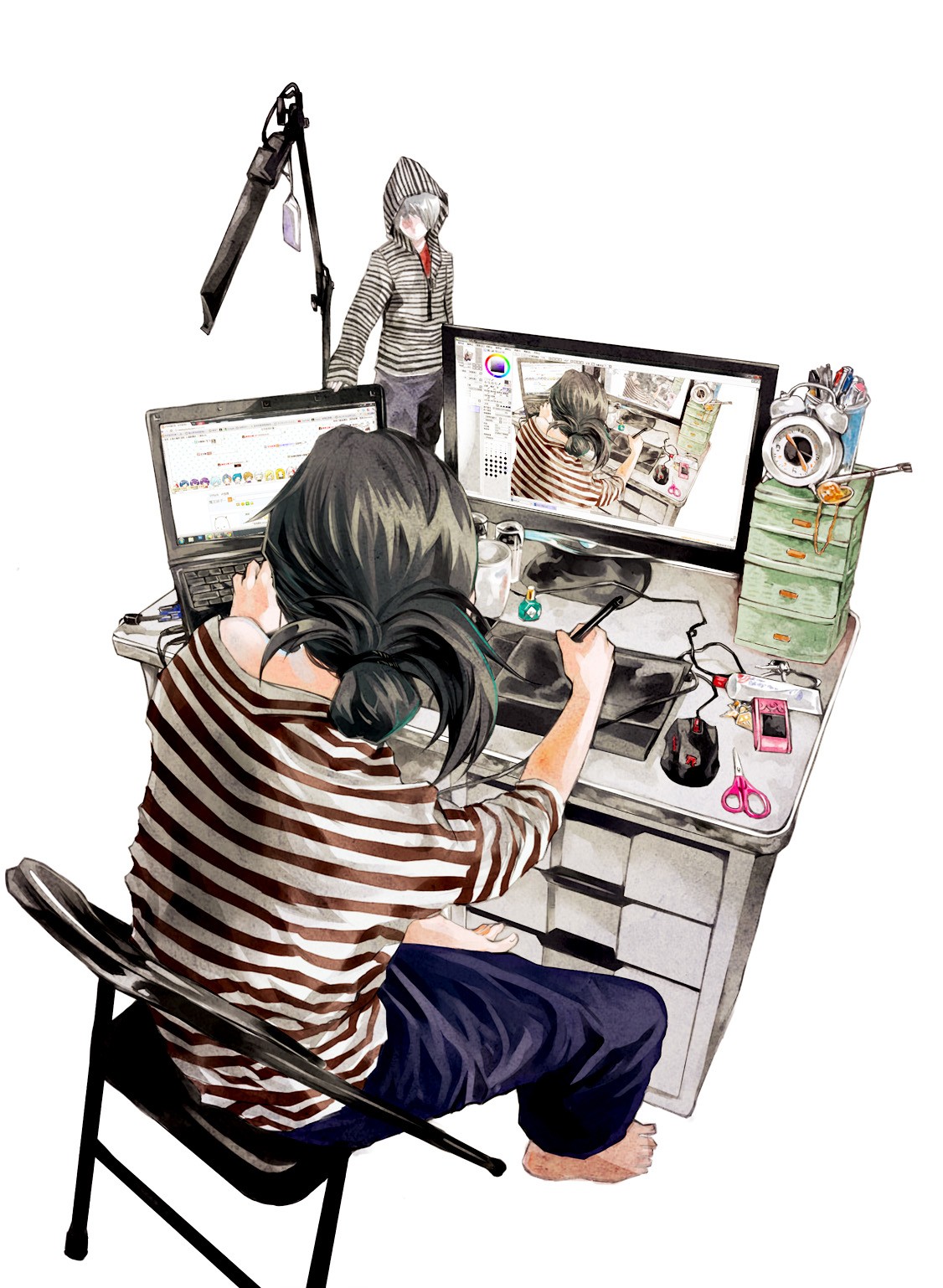 Anime artist working on a computer with a second figure HD Wallpaper