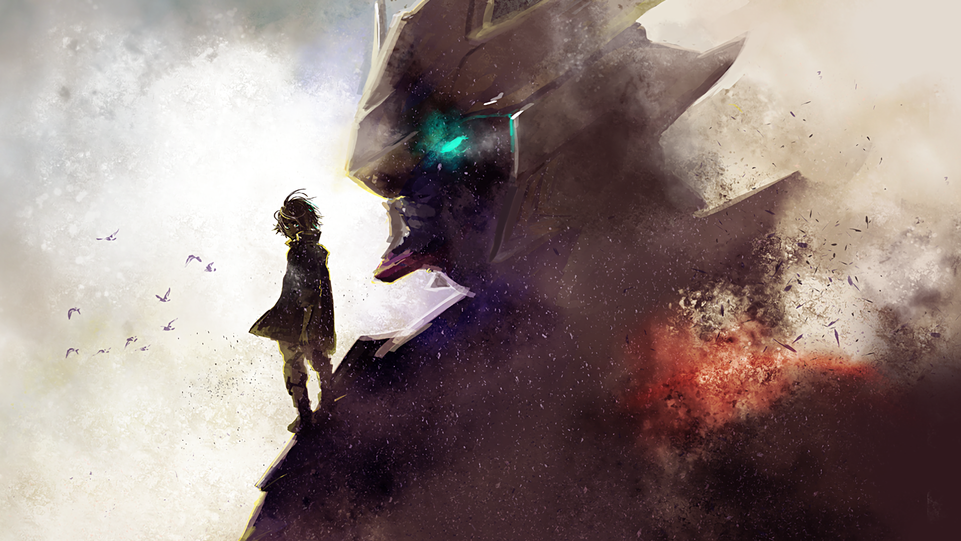 A young person stands before a giant mech HD Wallpaper