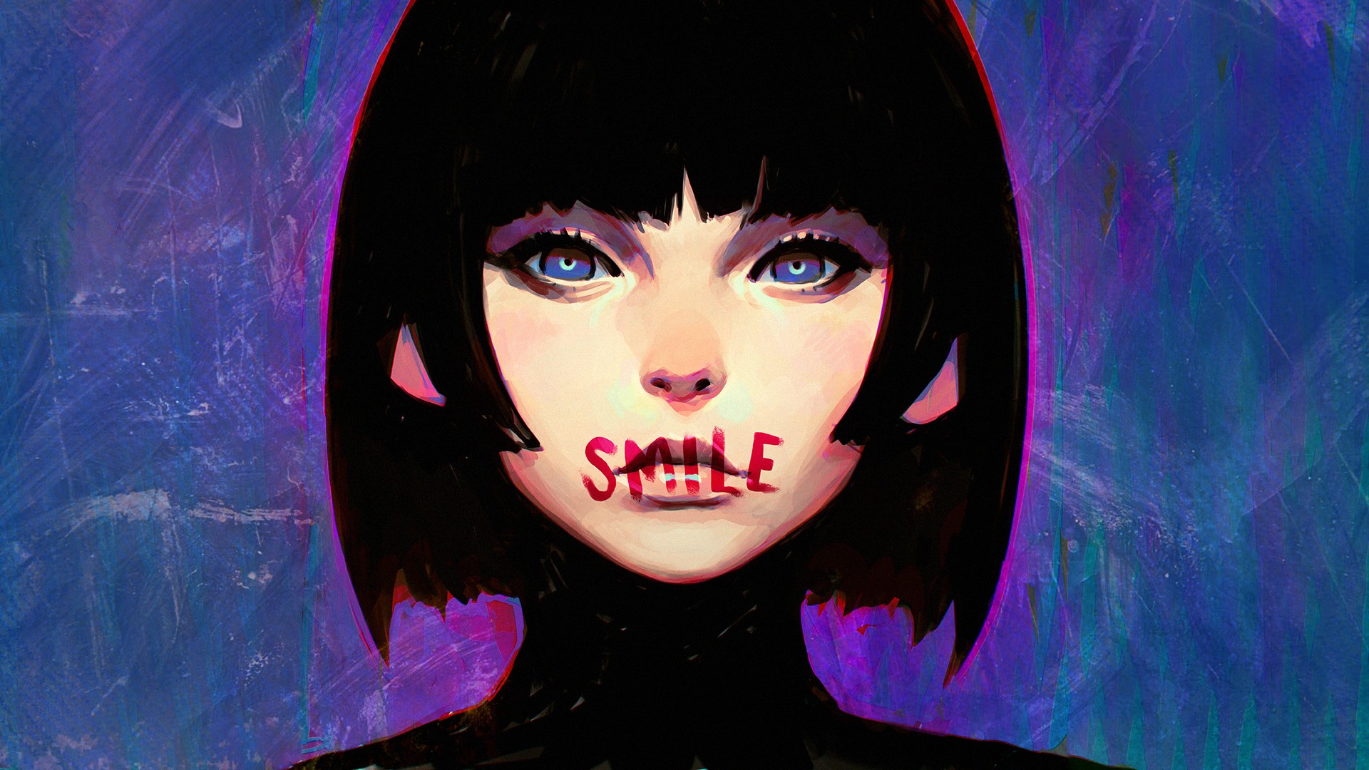 Ilya Kuvshinov digital art of a woman with 'SMILE' on her lips HD Wallpaper