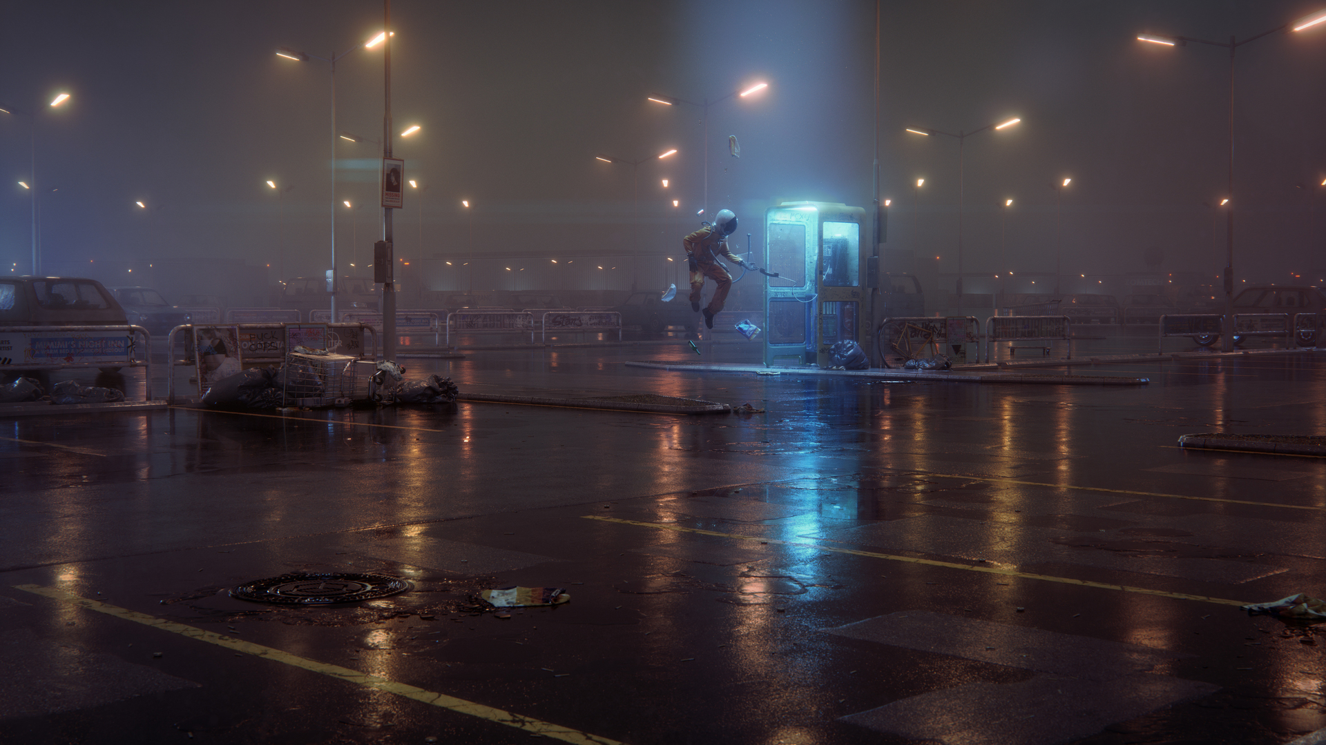 Astronaut jumping near a phone box in a wet parking lot HD Wallpaper