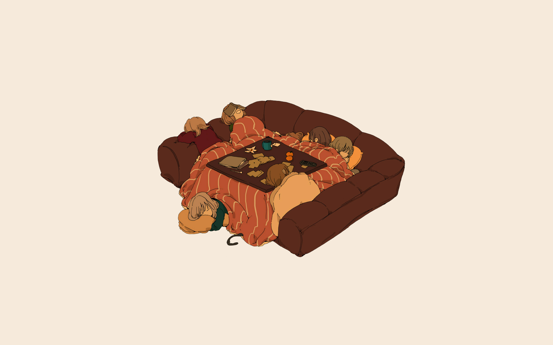 Anime characters sleeping on a couch around a table HD Wallpaper