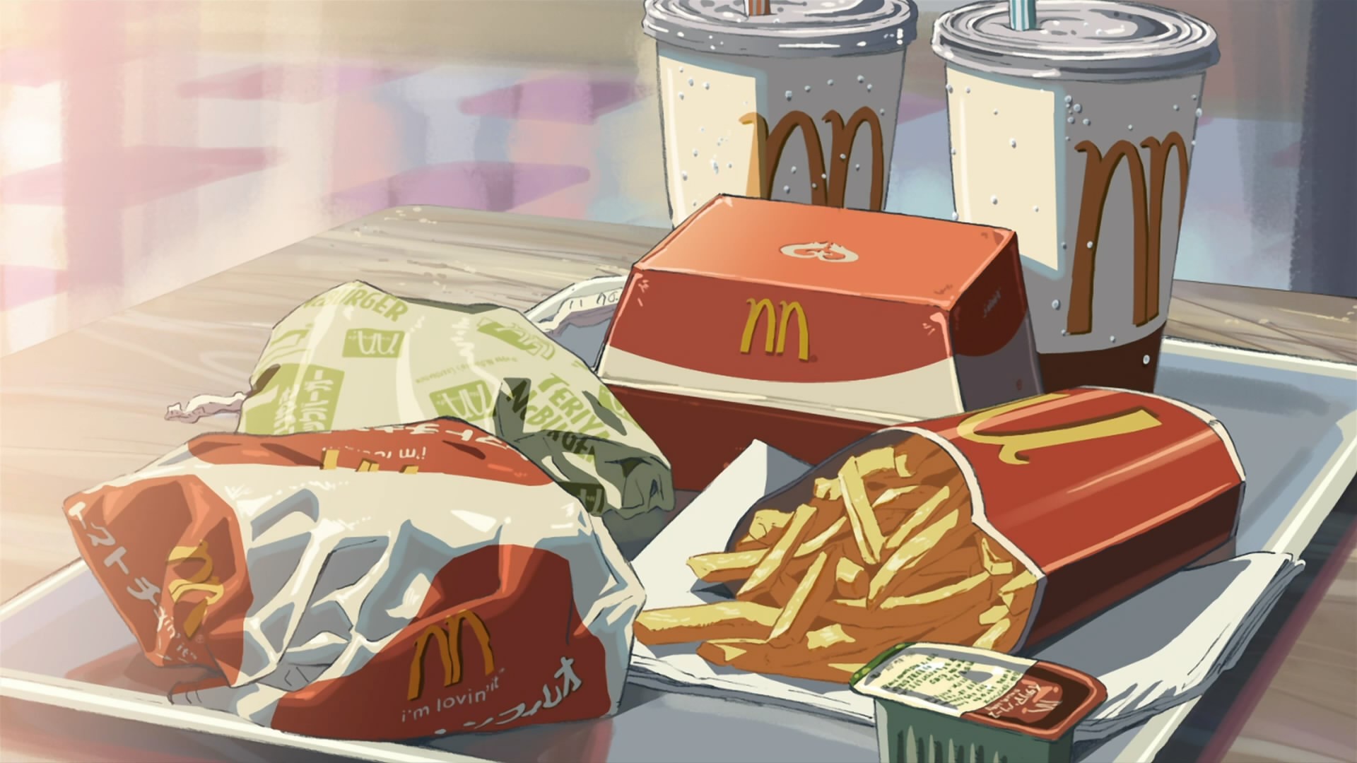 McDonald's meal with burgers, fries, and drinks HD Wallpaper