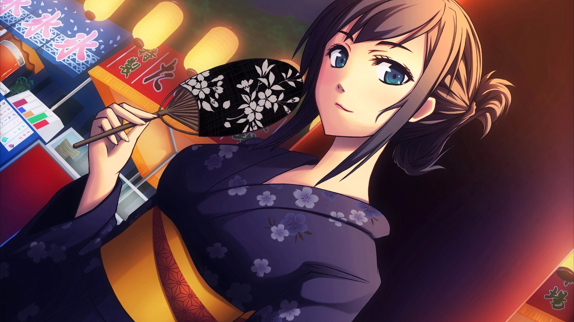 Anime girl in kimono holding a fan HD Wallpaper