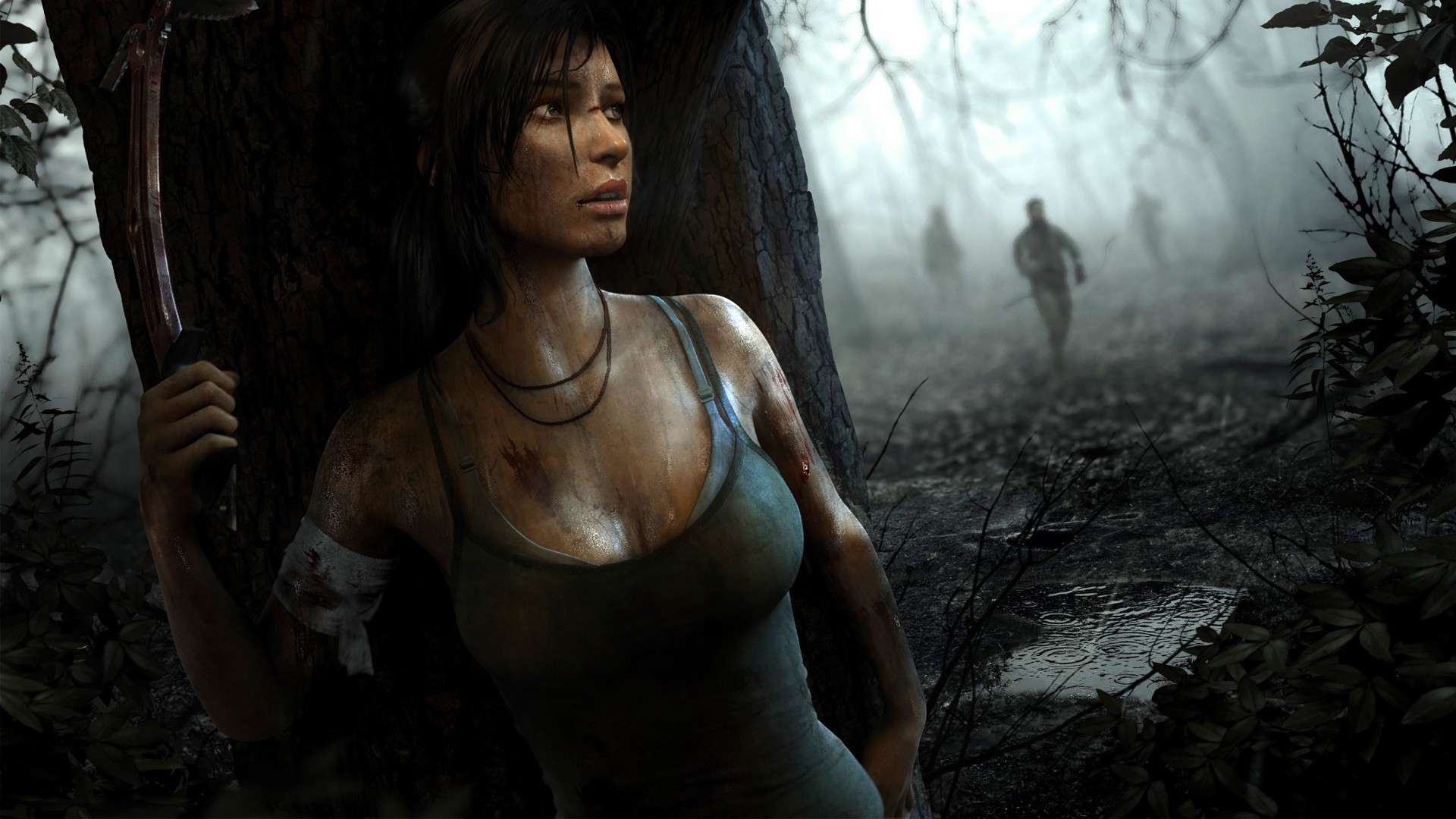 Lara Croft in a foggy forest with pursuers HD Wallpaper