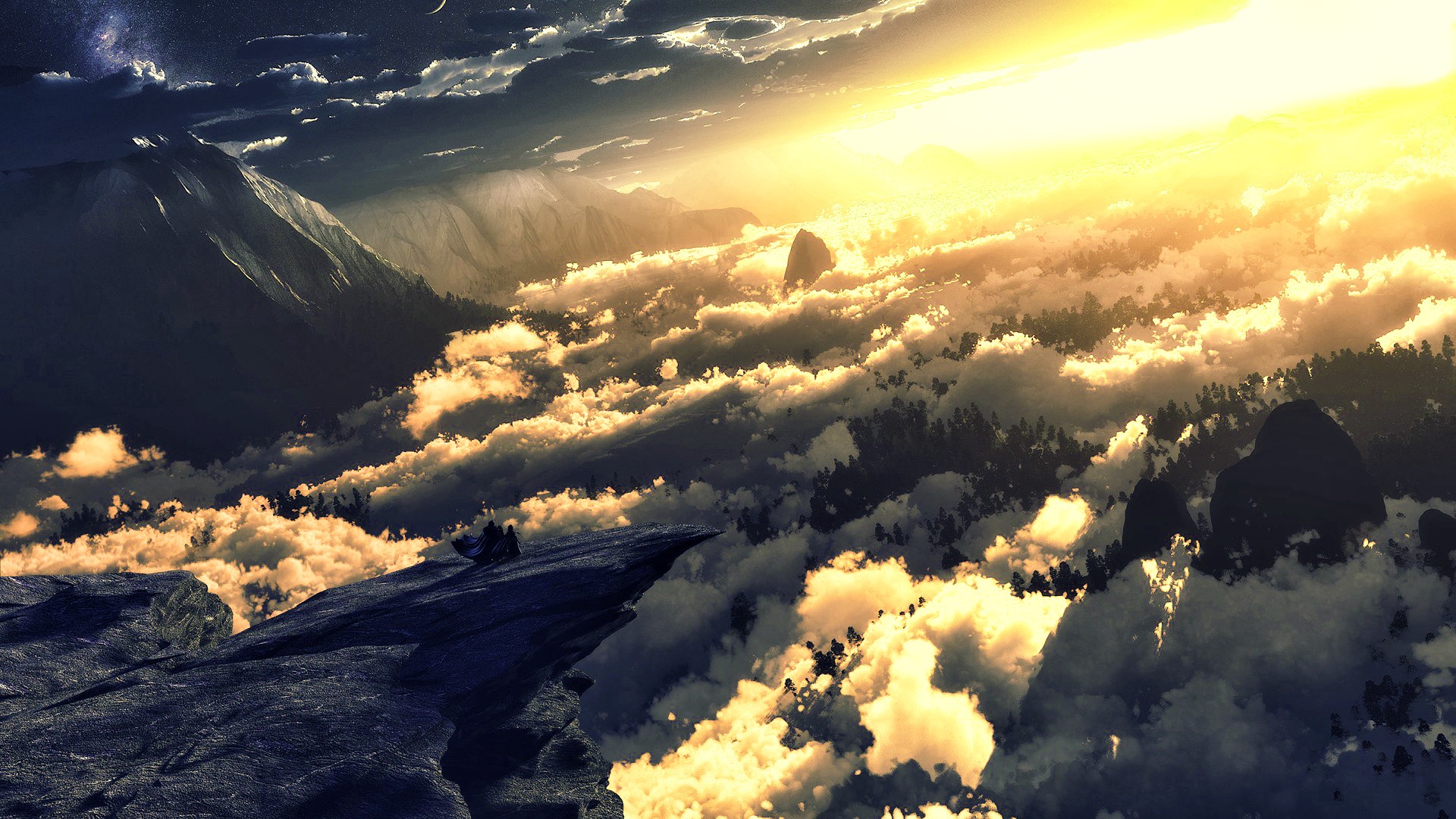 Sunset over clouds and mountains HD Wallpaper