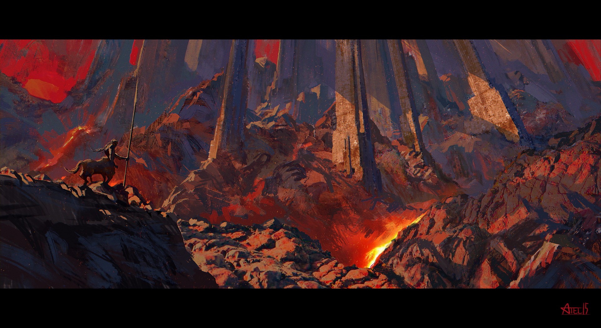 Centaur with a spear in a volcanic landscape HD Wallpaper