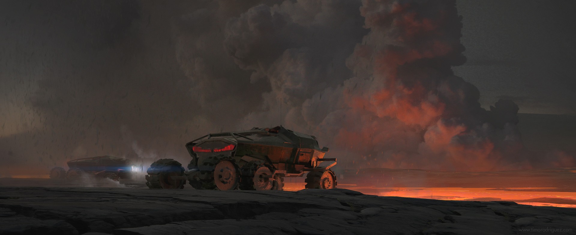 Science fiction vehicles on a volcanic landscape HD Wallpaper