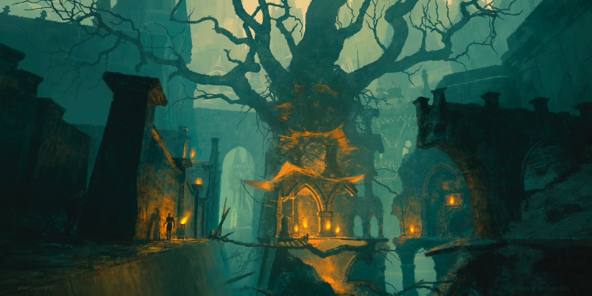 Fantasy art of a dark, ancient tree and ruins HD Wallpaper