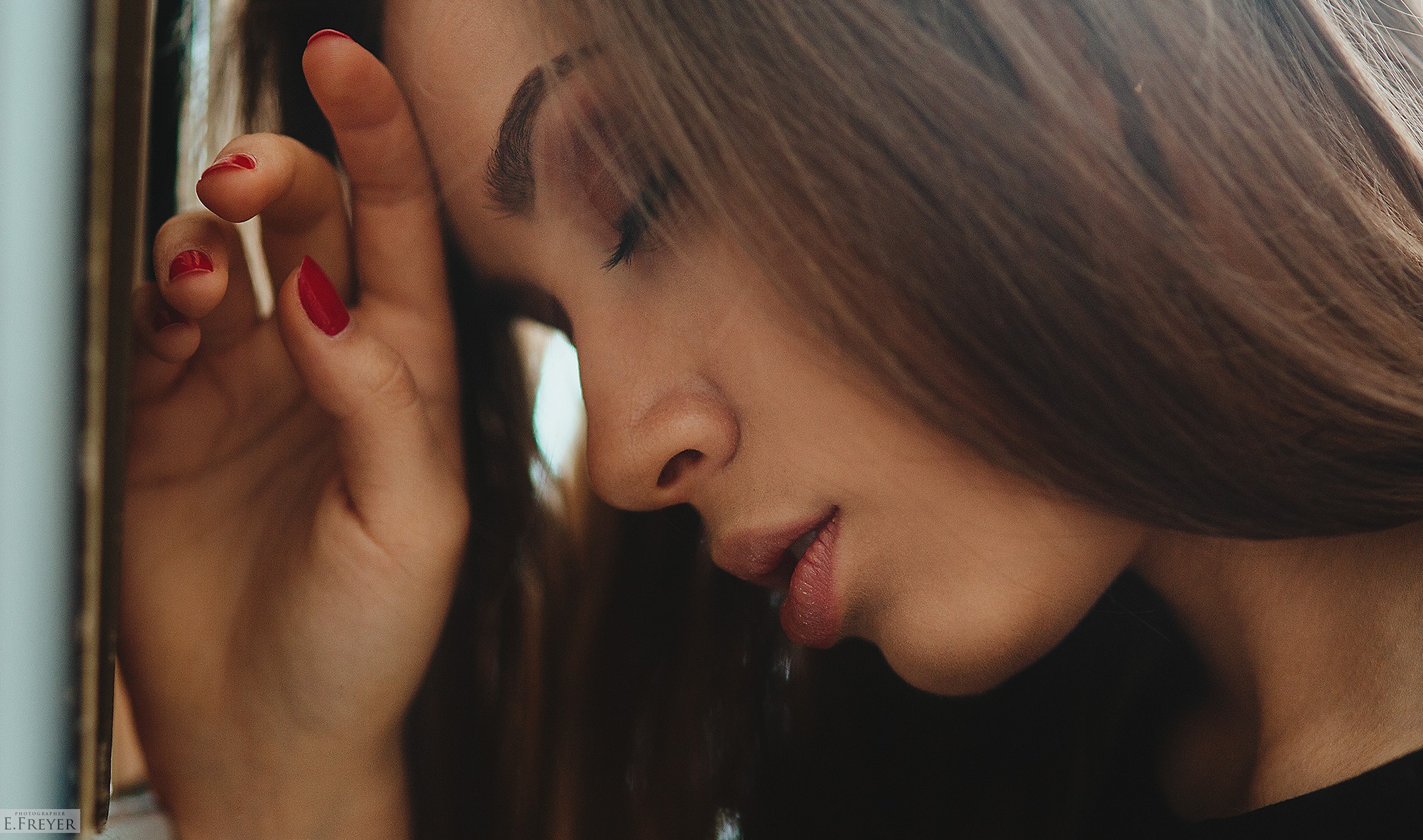 Woman with closed eyes and red painted nails HD Wallpaper