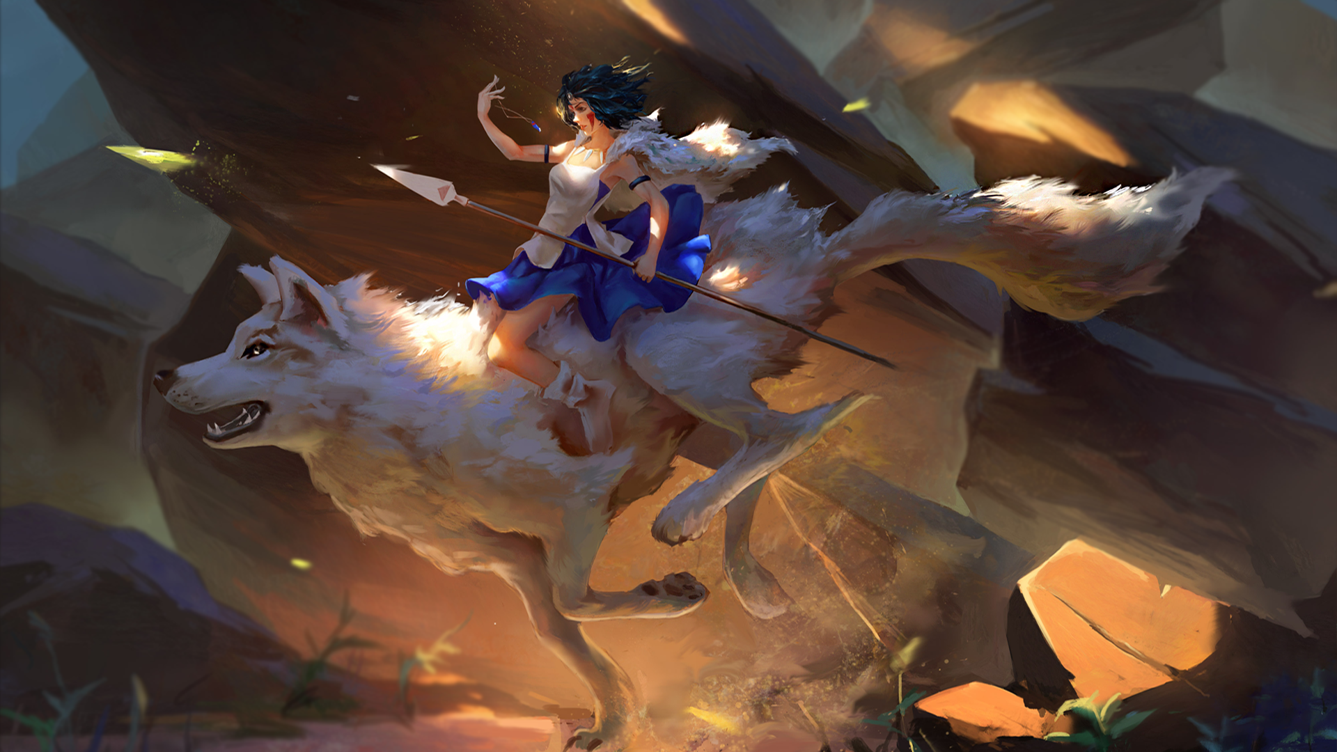 San riding a wolf with a spear HD Wallpaper