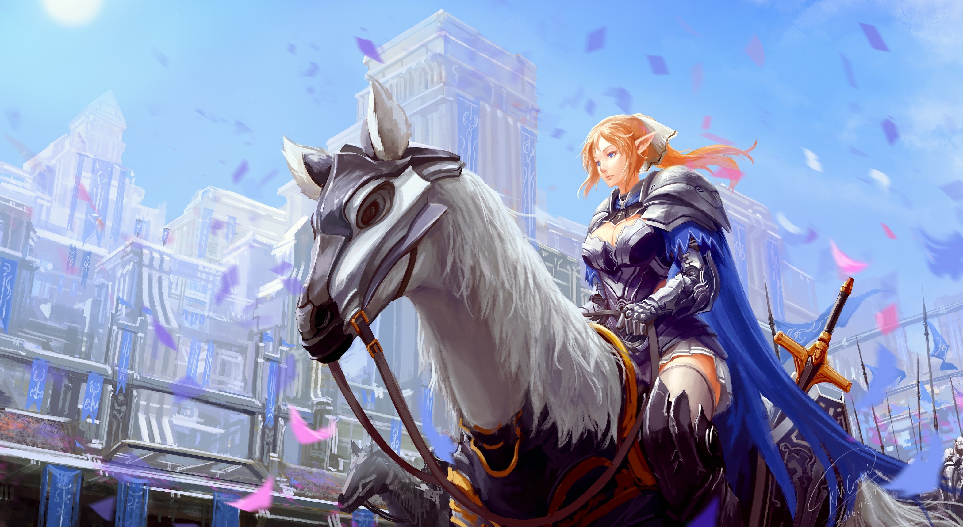 Anime girl in armor riding a horse HD Wallpaper