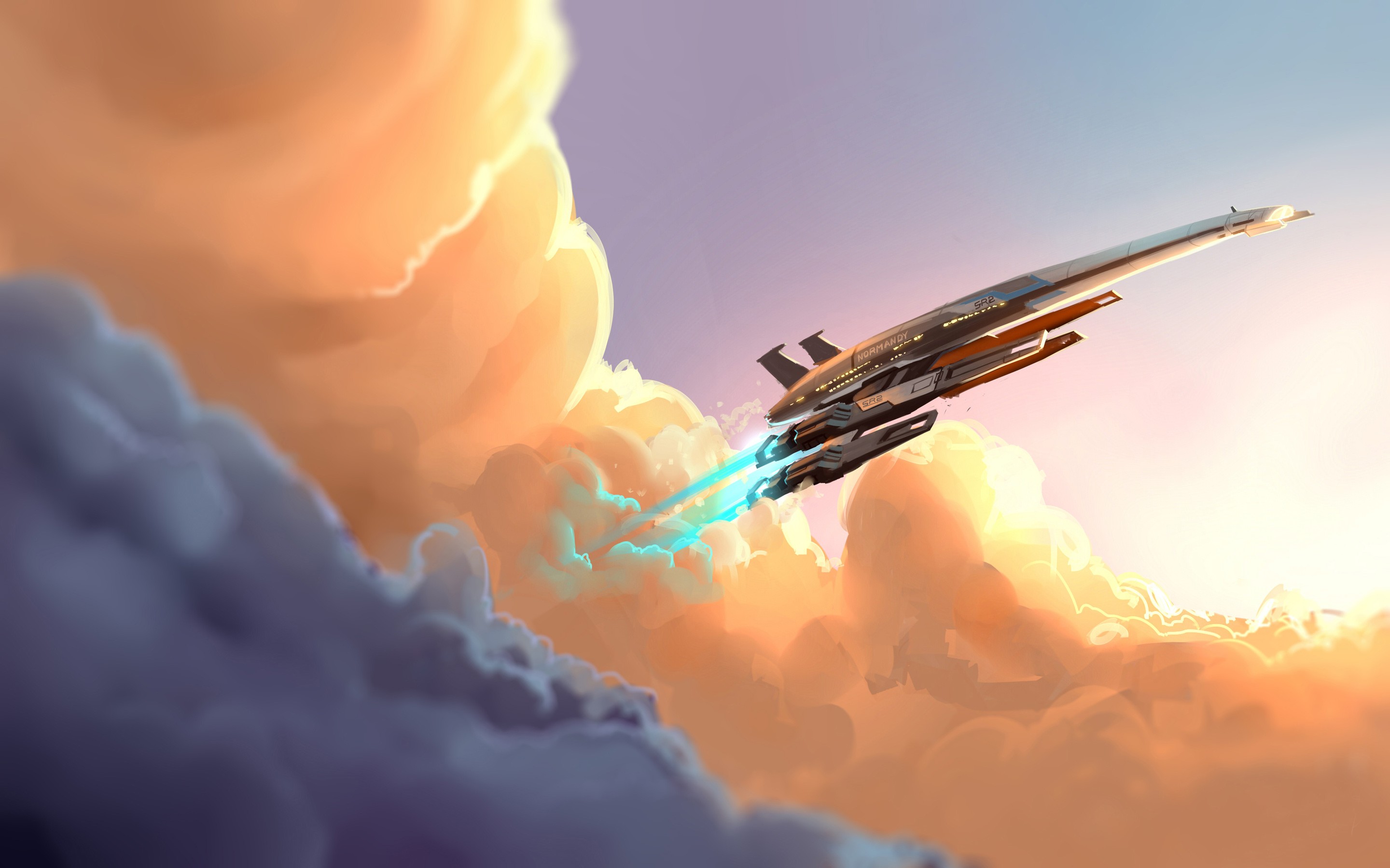 Normandy SR-2 spaceship flying through clouds HD Wallpaper