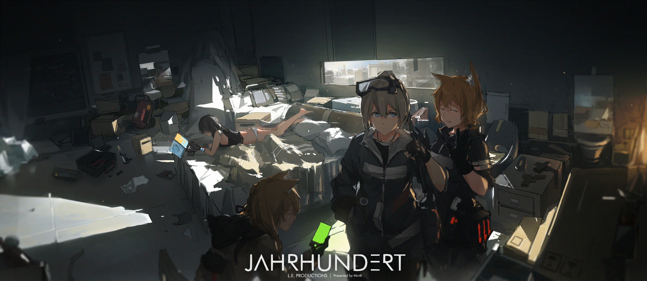 Anime characters in a messy room with a city view HD Wallpaper