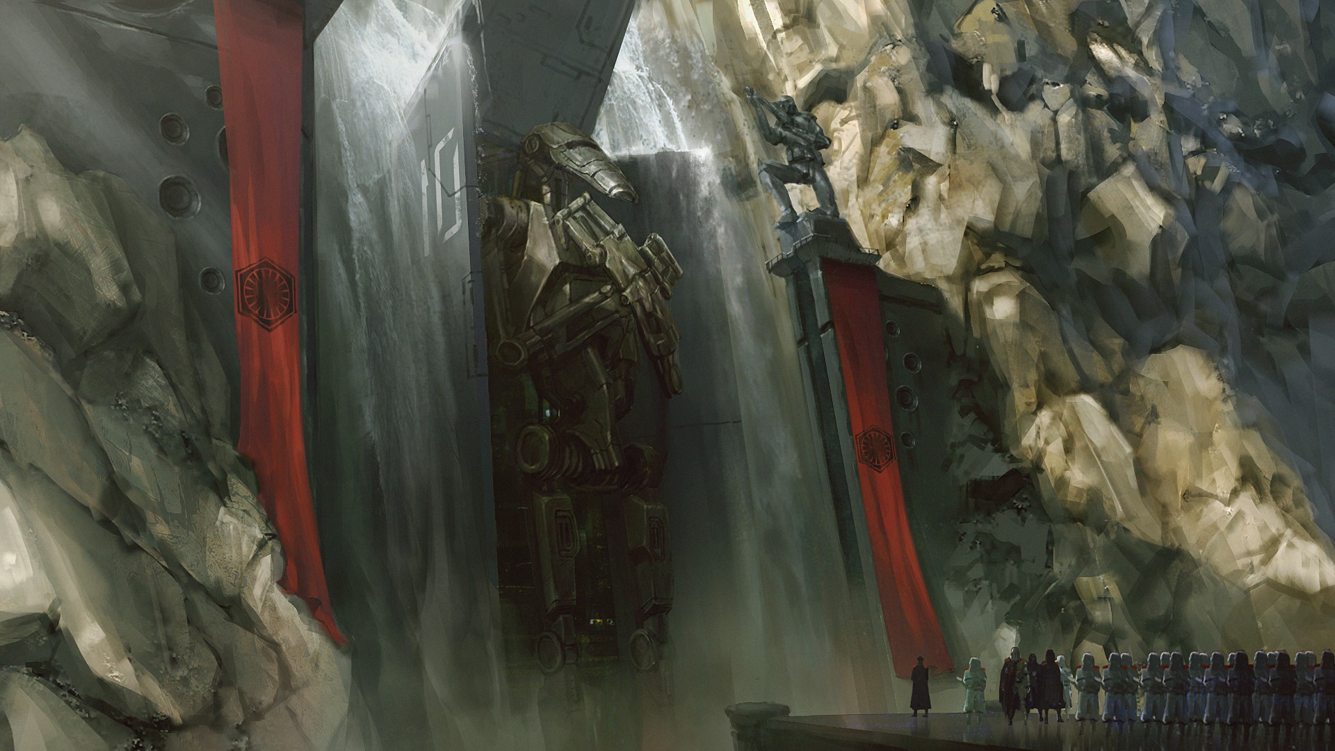 Star Wars artwork depicting a large robot and flags HD Wallpaper