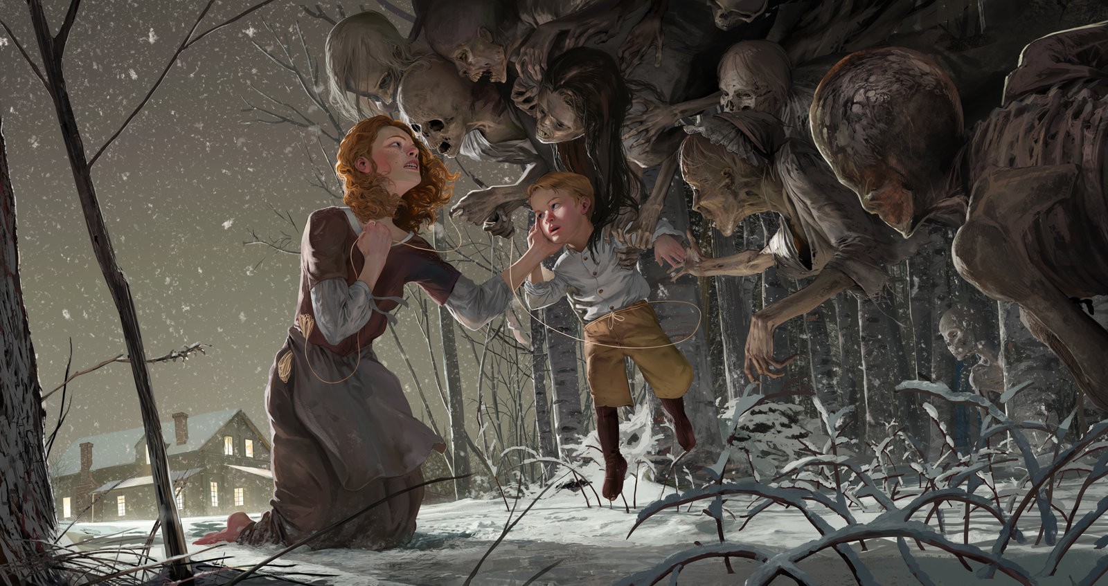 Ghosts attacking a woman and child in winter HD Wallpaper