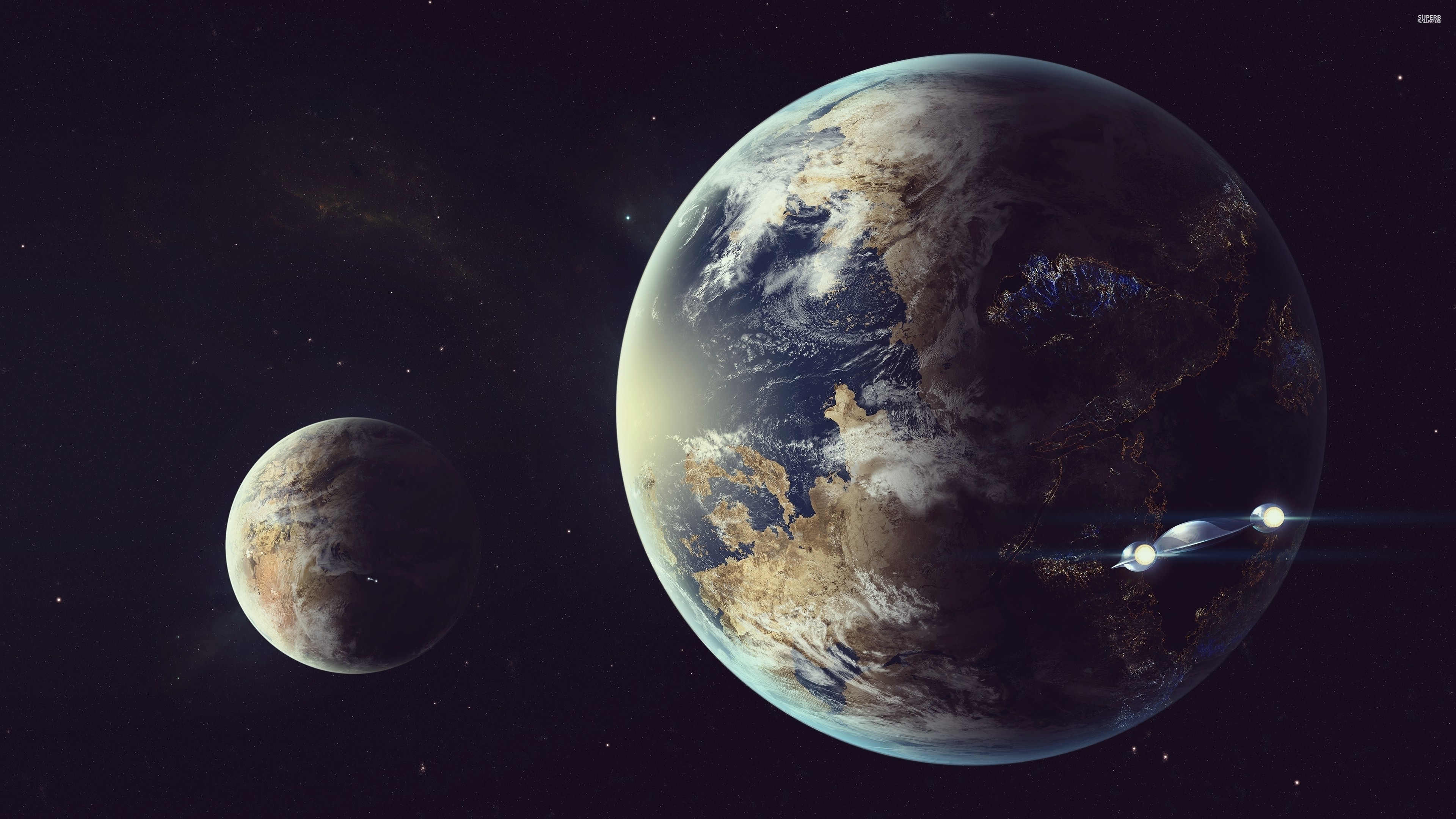 Science fiction artwork of planets and spaceship in space HD Wallpaper