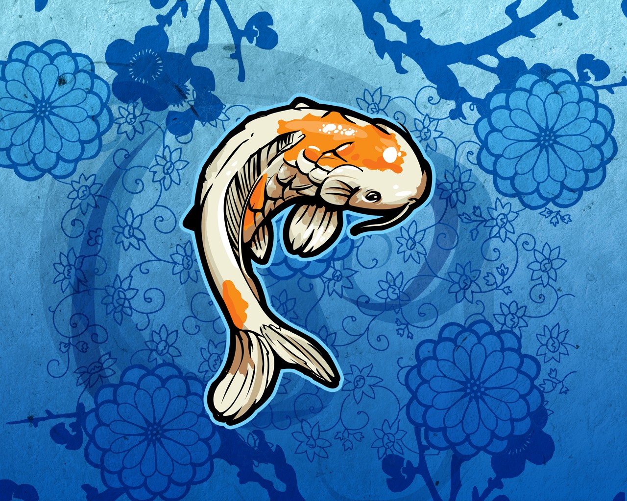 Koi fish with blue floral background HD Wallpaper
