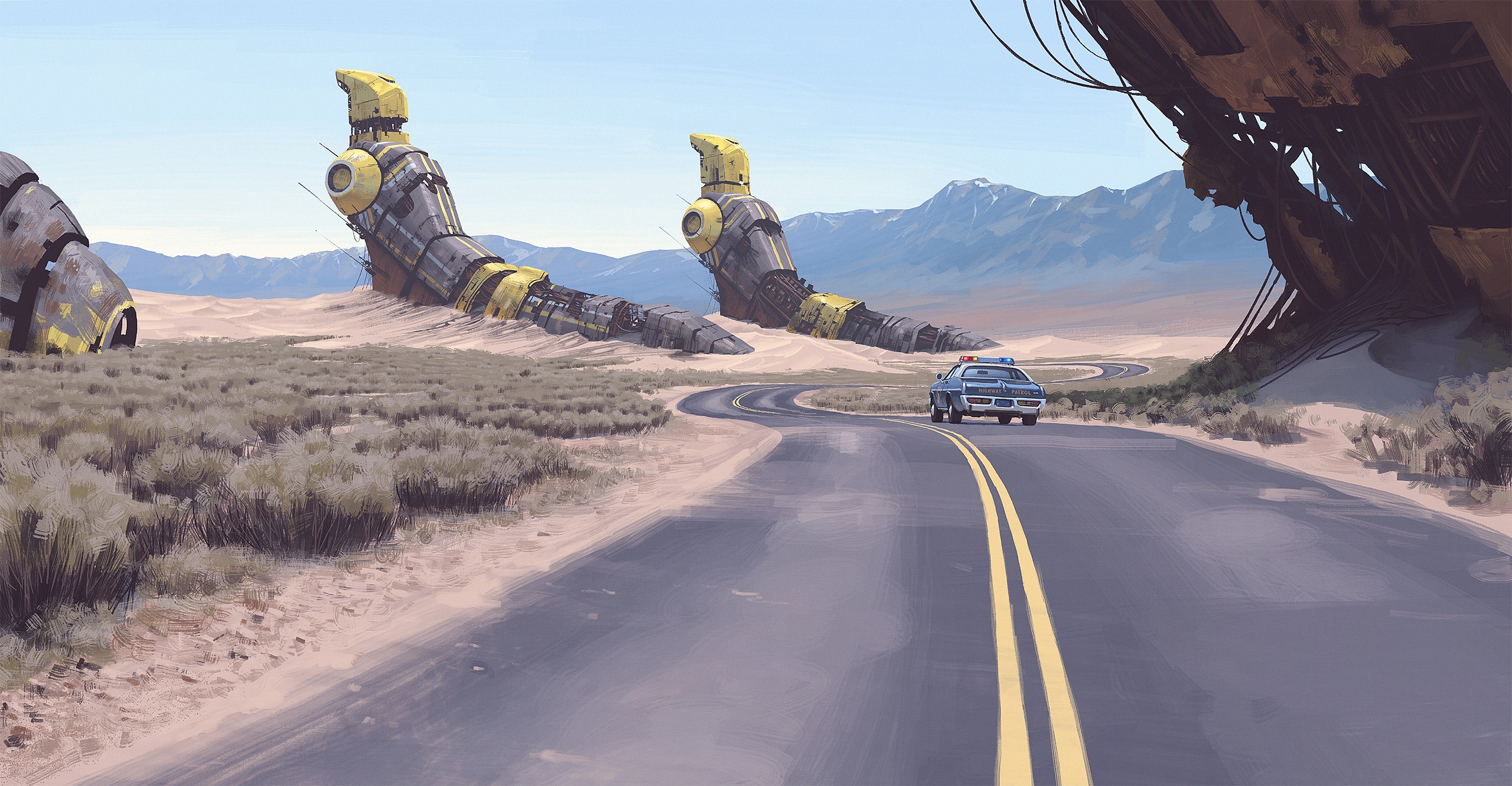 Simon Stålenhag artwork of giant robots in a desert HD Wallpaper