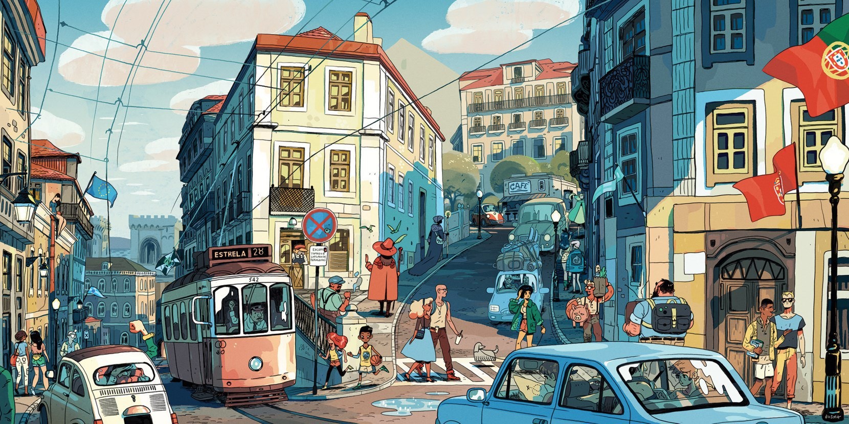 Artwork by Sam Bosma depicting a street scene in Portugal HD Wallpaper