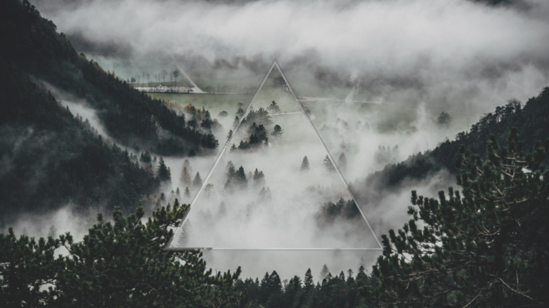 Triangle overlay on misty forest landscape HD Wallpaper