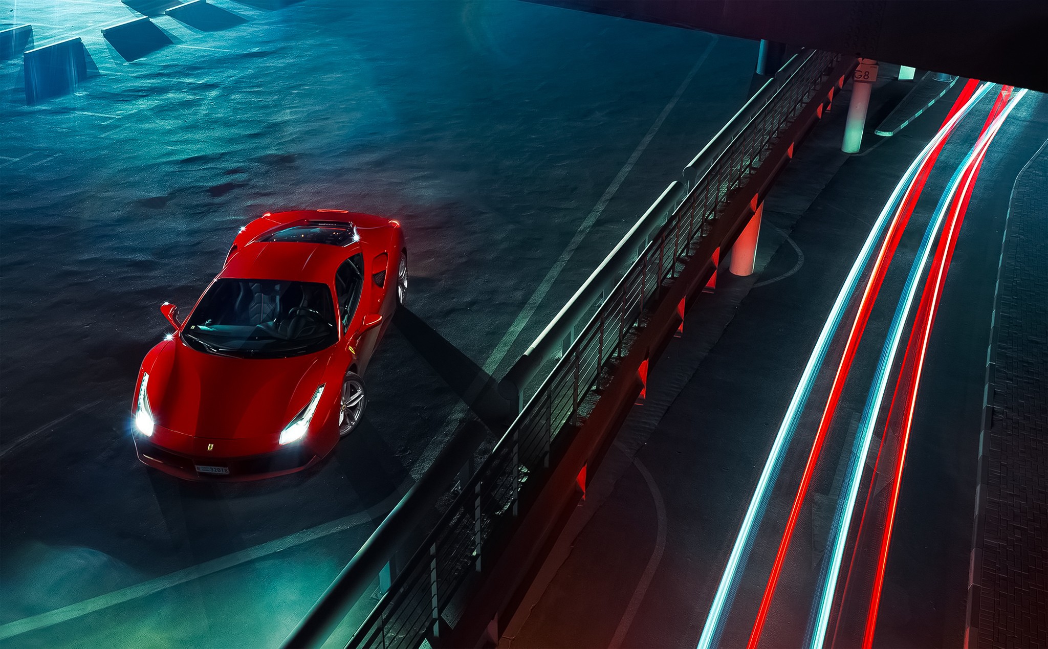 Red Ferrari 488 GTB on a wet road at night HD Wallpaper