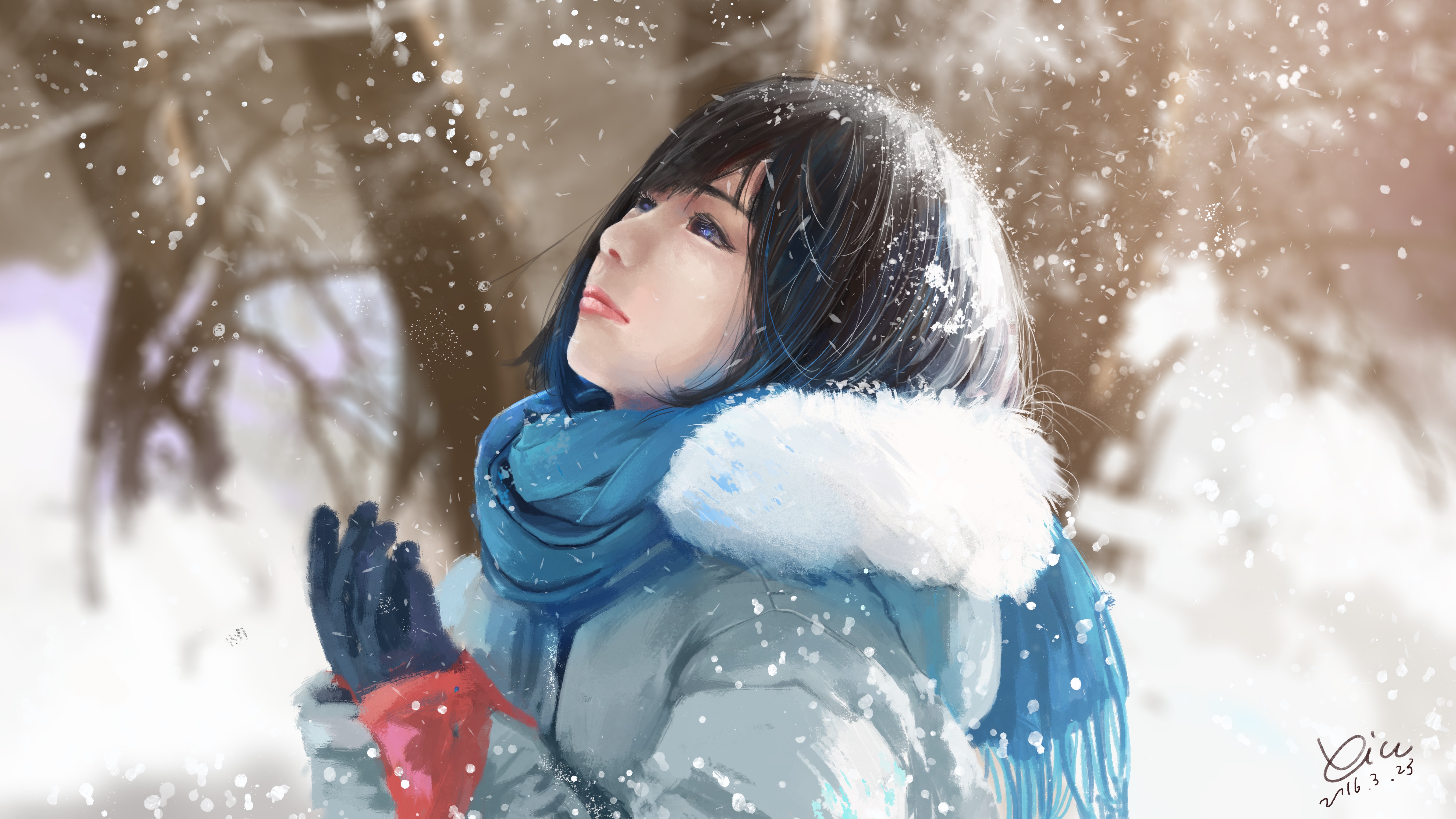 Anime girl with short hair in the snow HD Wallpaper