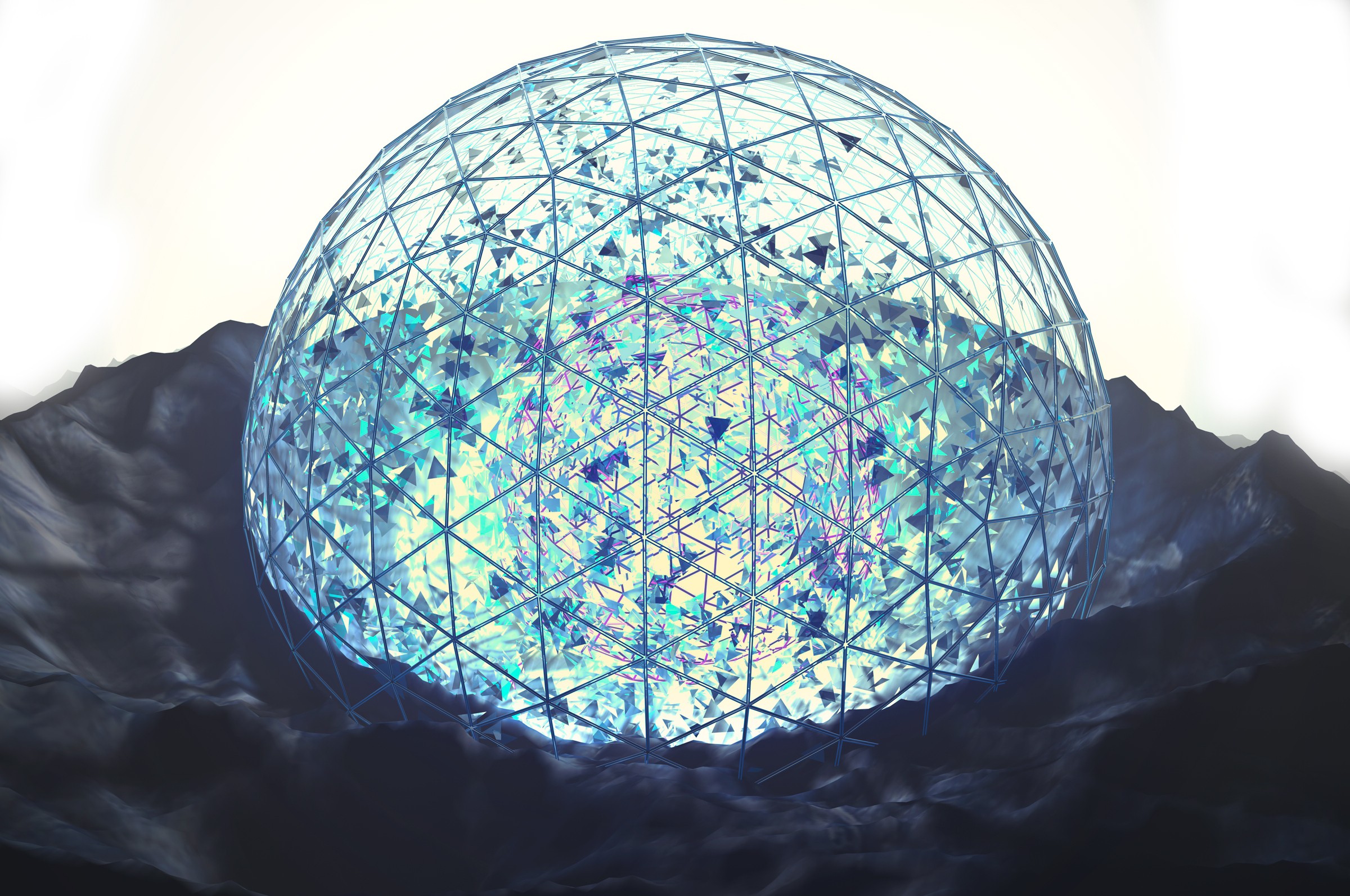 Blue geometric sphere on rocky terrain HD Wallpaper