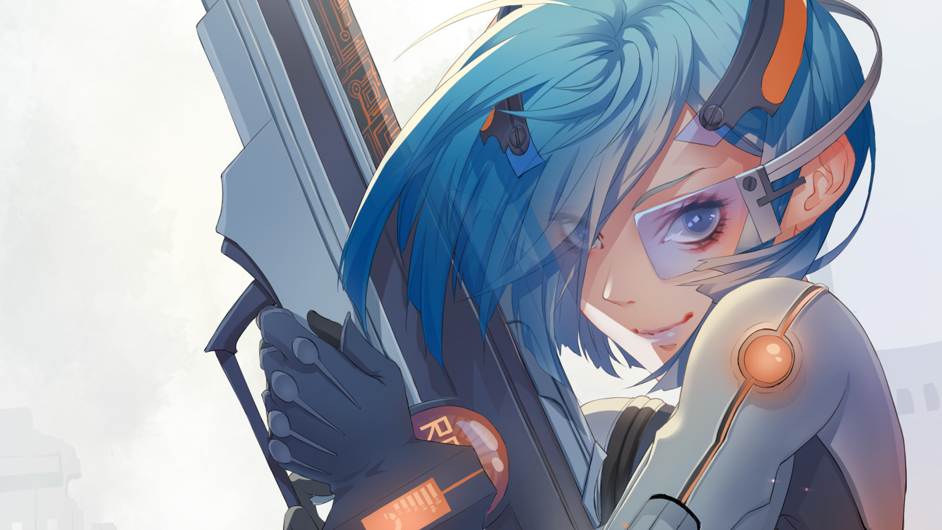 Anime girl with blue hair holding a futuristic weapon HD Wallpaper